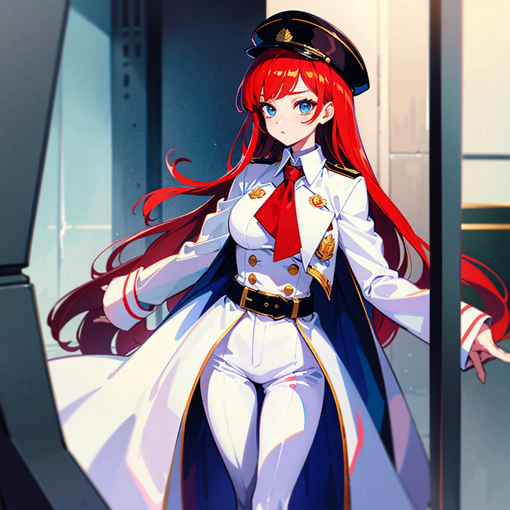 (((masterpiece)))、(((Top image quality)))、(((top-quality)))、(Illustration of one woman)、30-years old、(Viceroy)、((Red-haired shorthair))、(Thin hair hanging down both sides of the face)、Blue eyes、((Tall))、((Muscle Woman、stocky build、muscular legs、broad shoulders、solid chest))、((Military uniforms))、((Military Cap))、((Military coat))、(white clothes)、(White pants)、(White cap)、trench coat、((Inside the spaceship))