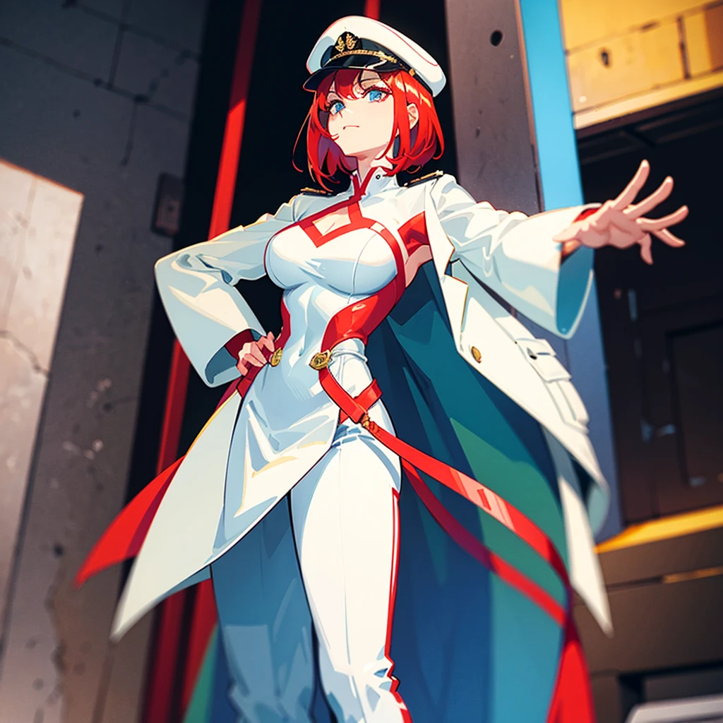 (((masterpiece)))、(((Top image quality)))、(((top-quality)))、(Illustration of one woman)、30-years old、(Viceroy)、((Red-haired shorthair))、(Thin hair hanging down both sides of the face)、Blue eyes、((Tall))、((Muscle Woman、stocky build、muscular legs、broad shoulders、solid chest))、((Military uniforms))、((Military Cap))、((Military coat))、(white clothes)、(White pants)、(White cap)、trench coat、((Inside the spaceship))