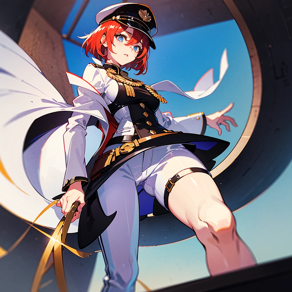 (((masterpiece)))、(((Top image quality)))、(((top-quality)))、(Illustration of one woman)、30-years old、(Viceroy)、((Red-haired shorthair))、(Thin hair hanging down both sides of the face)、Blue eyes、((Tall))、((Muscle Woman、stocky build、muscular legs、broad shoulders、solid chest))、((Military uniforms))、((Military Cap))、((Military coat))、(white clothes)、(White pants)、(White cap)、trench coat、((Inside the spaceship))