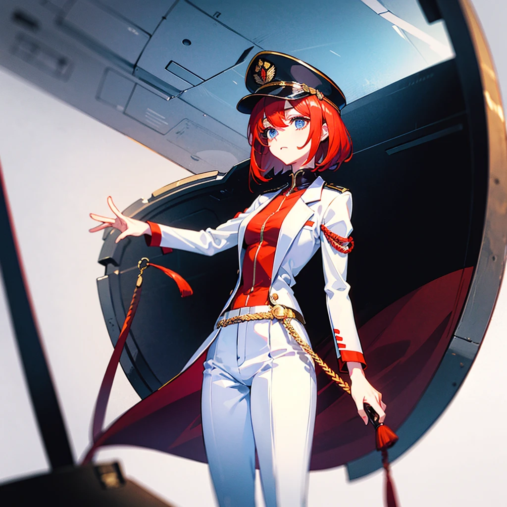(((masterpiece)))、(((Top image quality)))、(((top-quality)))、(Illustration of one woman)、30-years old、(Viceroy)、((Red-haired shorthair))、(Thin hair hanging down both sides of the face)、Blue eyes、((Tall))、((Muscle Woman、stocky build、muscular legs、broad shoulders、solid chest))、((Military uniforms))、((Military Cap))、((Military coat))、(white clothes)、(White pants)、(White cap)、trench coat、((Inside the spaceship))