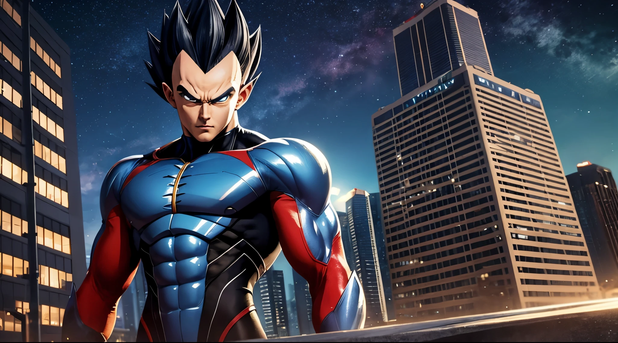 "Explore the depths of Vegeta's power as he stands tall in an abandoned city, his fair skin glowing in the moonlight. The lush landscape only adds to his already perfect form, him a true masterpiece of male beauty." --auto --s2