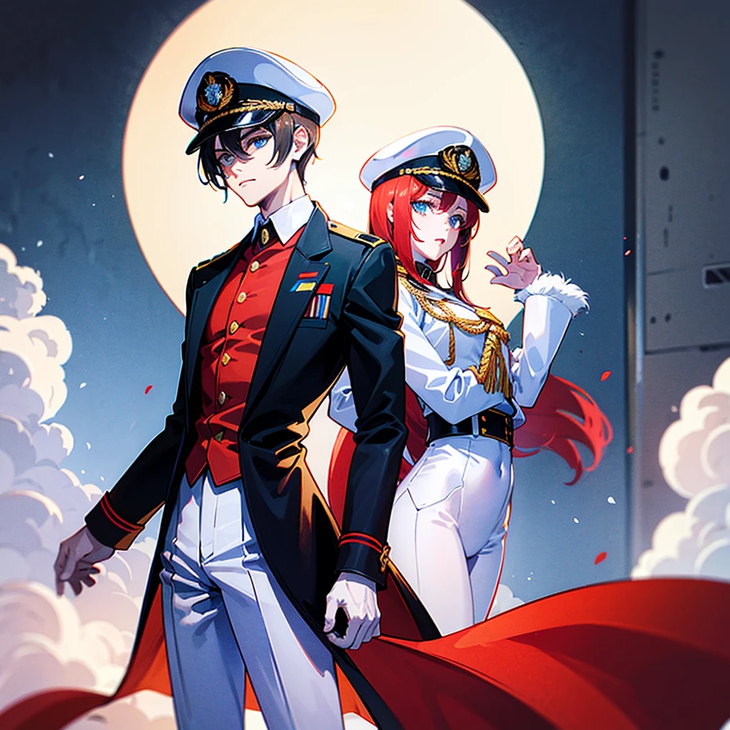 (((masterpiece)))、(((Top image quality)))、(((top-quality)))、(Illustration of one woman)、30-years old、(Viceroy)、((Red-haired shorthair))、(Thin hair hanging down both sides of the face)、Blue eyes、((Tall))、((Muscle Woman、stocky build、muscular legs、broad shoulders、solid chest))、((Military uniforms))、((Military Cap))、((Military coat))、(white clothes)、(White pants)、(White cap)、trench coat、((Inside the spaceship))