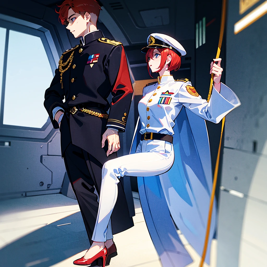 (((masterpiece)))、(((Top image quality)))、(((top-quality)))、(Illustration of one woman)、30-years old、(Viceroy)、((Red-haired shorthair))、(Thin hair hanging down both sides of the face)、Blue eyes、((Tall))、((Muscle Woman、stocky build、muscular legs、broad shoulders、solid chest))、((Military uniforms))、((Military Cap))、((Military coat))、(white clothes)、(White pants)、(White cap)、trench coat、((Inside the spaceship))