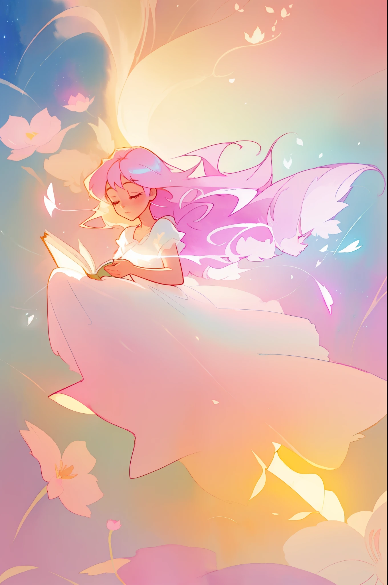 beautiful girl in pink and white dress reading a book, fairy dress, long golden hair, watercolor illustration, inspired by Glen Keane, inspired by Lois van Baarle, disney art style, glowing aura around her, glowing lights! digital painting, flowing glowing hair, glowing flowing hair, beautiful digital illustration, fantasia otherworldly landscape plants flowers, beautiful, masterpiece, best quality,