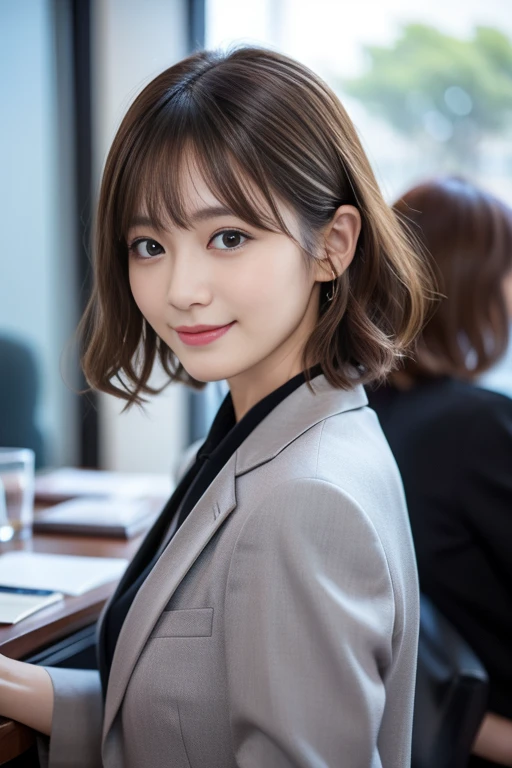 （1girll:1.2），(8K, Best Quality, tmasterpiece), (Realistic, Photorealsitic:1.37), ultra - detailed, adolable, 独奏, 可adolable日本人女性,brown haired,By bangs, Curly, Hair on the shoulders, beautiful and delicate eyes,The eyes tell the story of a smile，Moisturizes skin,，Stimulating，so sexy、细致背景、Gray suit、short-cut、facing front、Conference room in the background