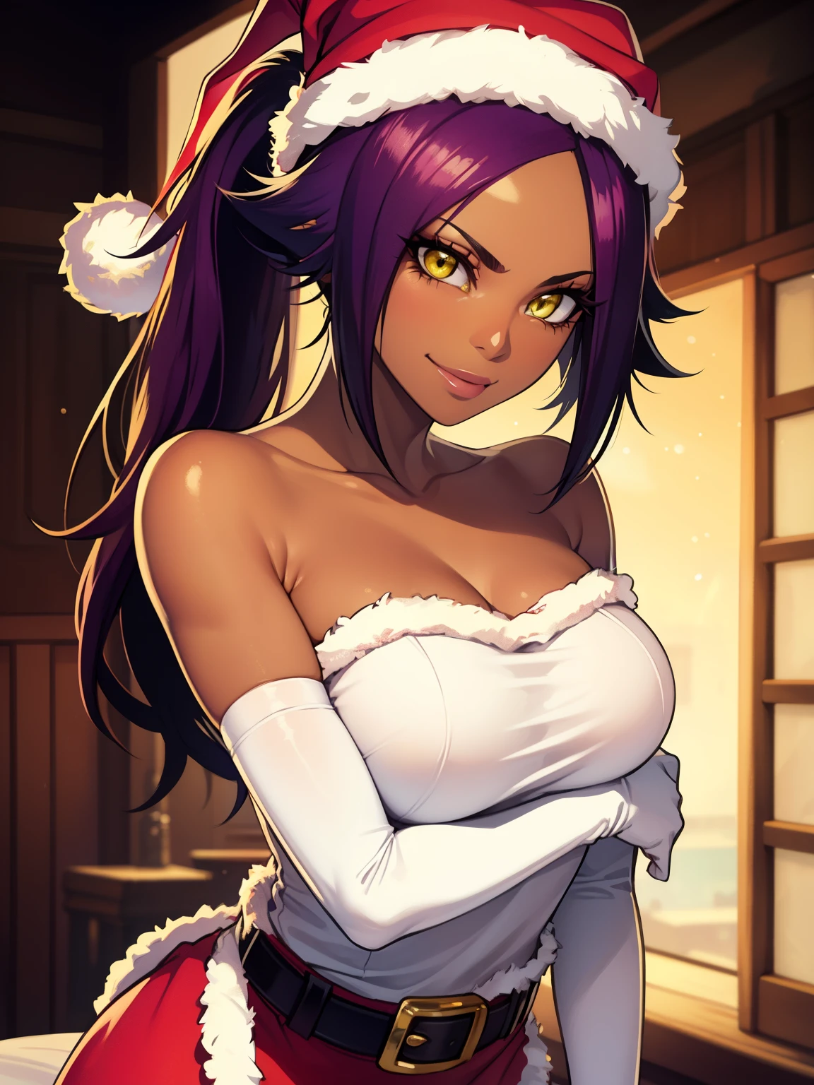 1girl, solo, masterpiece, best quality, high res, highly detailed, (illustration), beautiful detailed eyes,yoruichi shihouin, long hair, (yellow eyes:1.5), ponytail, purple hair, dark skin, dark-skinned female,,glossy lips, makeup, smile, long white satin elbow gloves, cowboy shot, (santa), red santa dress, santa hat, strapless dress, full body, white elbow gloves