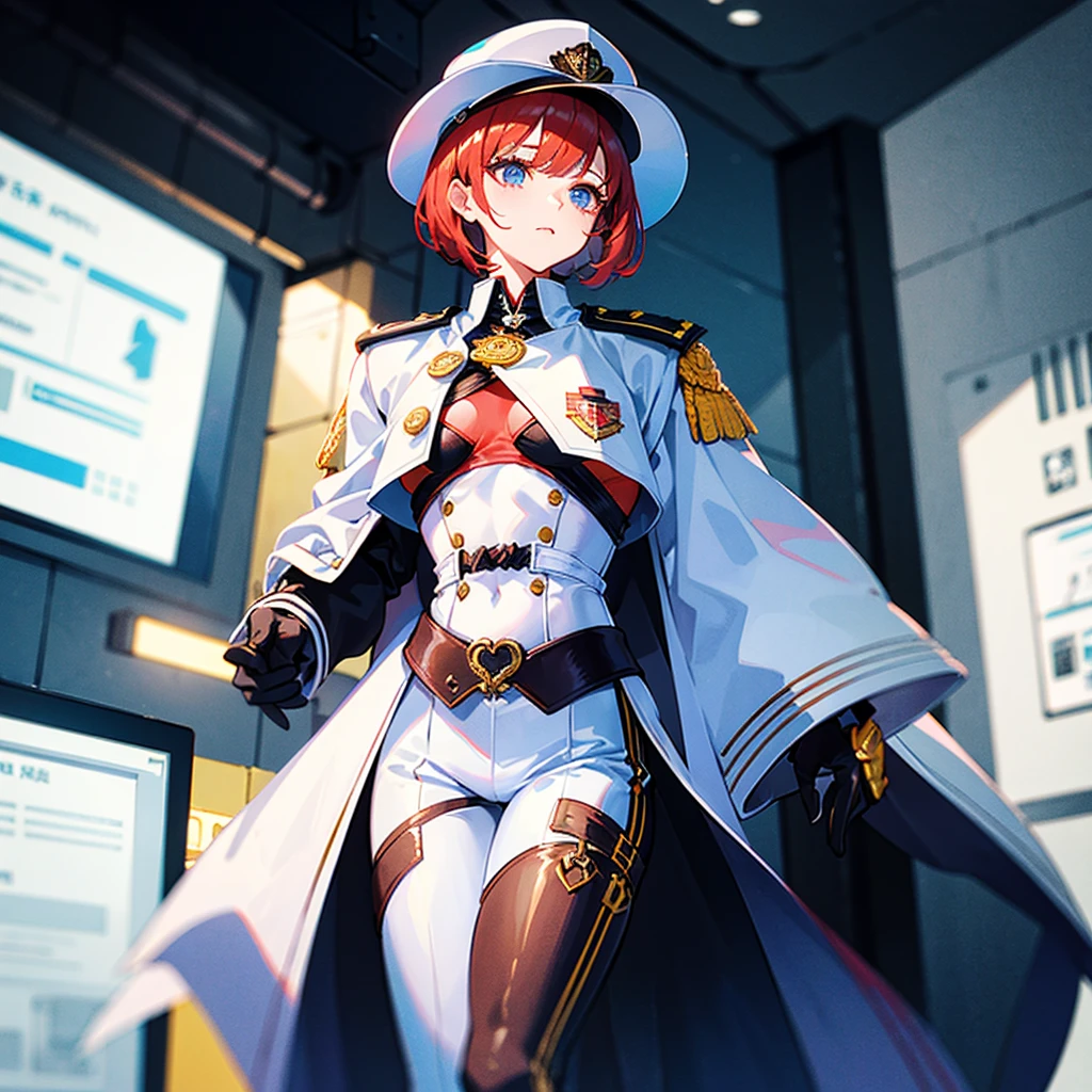 (((masterpiece)))、(((Top image quality)))、(((top-quality)))、(Illustration of one woman)、30-years old、(Viceroy)、((Red-haired shorthair))、(Thin hair hanging down both sides of the face)、Blue eyes、((Tall))、((Muscle Woman、stocky build、muscular legs、broad shoulders、solid chest))、((Military uniforms))、((Military Cap))、((Military coat))、(white clothes)、(White pants)、(White cap)、trench coat、((Inside the spaceship))