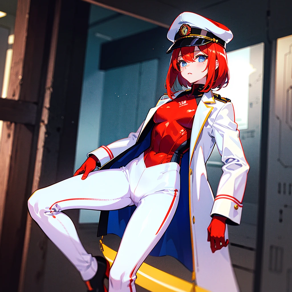 (((masterpiece)))、(((Top image quality)))、(((top-quality)))、(Illustration of one woman)、30-years old、(Viceroy)、((Red-haired shorthair))、(Thin hair hanging down both sides of the face)、Blue eyes、((Tall))、((Muscle Woman、stocky build、muscular legs、broad shoulders、solid chest))、((Military uniforms))、((Military Cap))、((Military coat))、(white clothes)、(White pants)、(White cap)、trench coat、((Inside the spaceship))