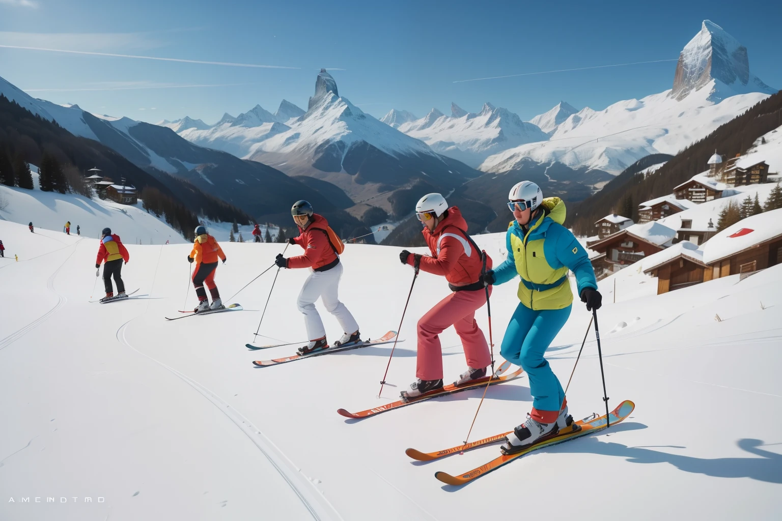Year: 2023. Activity: Skiing in Zermatt, Switzerland.
Description: Characters in vintage ski outfits gracefully descend the slopes of Zermatt, their movements carefully choreographed. The Alps provide a picturesque backdrop, with a touch of Anderson's pastel charm.