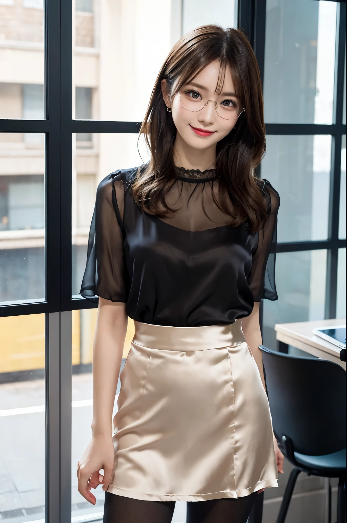 ulzzang -6500-v1.1, (Raw photo:1.2), (Photorealsitic), (See-through:1.3), (Real:1.4), ((FULL BODYSHOT:1.6)), １Girl in glasses、22year old、game_nffsw,  Black glasses(eye detailed), (Very affectionate smile:1.2)、I keep my hair up and short、 (Wearing a silk blouse:1.3), (Ultra-realistic pantyhose:1.2), (flered skirt:1.2), sitting in the office and working at the desk、make - up、huge filesize, hight resolution, ighly detailed, top-quality, [​masterpiece:1.6], illustratio, ighly detailed, nffsw, finely detail, top-quality, 8k wallpaper, Cinematographic lighting, cute droopy eyes beautiful big eyes、Pieckfinger, ((masutepiece)), Best Quality, 1girl in, eye shadow, realistic skin textures、shinny skin、Exposed thighs!!! ,  Colorful, Vivid colors,