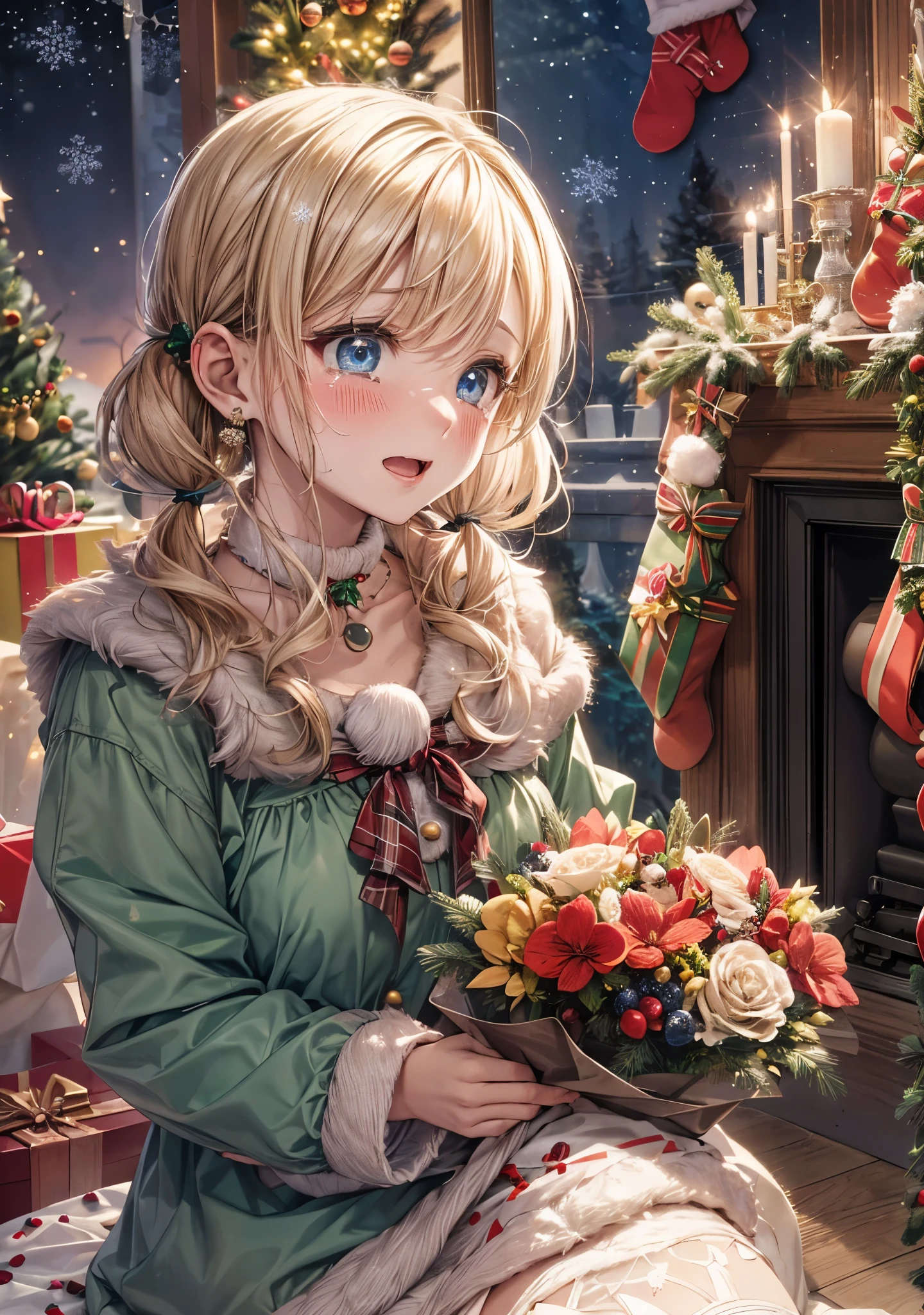 absurderes, ultra-detailliert,bright colour, Short hair,(Blonde hair with fluffy short twintails:1.2)Shiny hair,(Large bouquet:1.4),(Crying with joy:1.3),(Christmas tree:1.3),(Christmas Decorations:1.3),Delicate beautiful face, red blush、(Deep Blue Eyes:1.3), White skin, hair clips, earrings, a necklace,There'What I really want for Christmas this year,bright red, Not a diamond wrapped in a bong,you gave me the most important thing,In front of the fir tree and fireplace,Small cakes,Light a candle,Merry Christmas spent just the two of us,before I met you, I swore I would never fall in love again.,The feeling of believing will someday be covered with a black core,Santa Claus in a dream,I pray to God,Please give me someone more important than glitter,So that I can always overcome deep sadness with you.,Light a candle2人だけで祈るMerry Christmas,