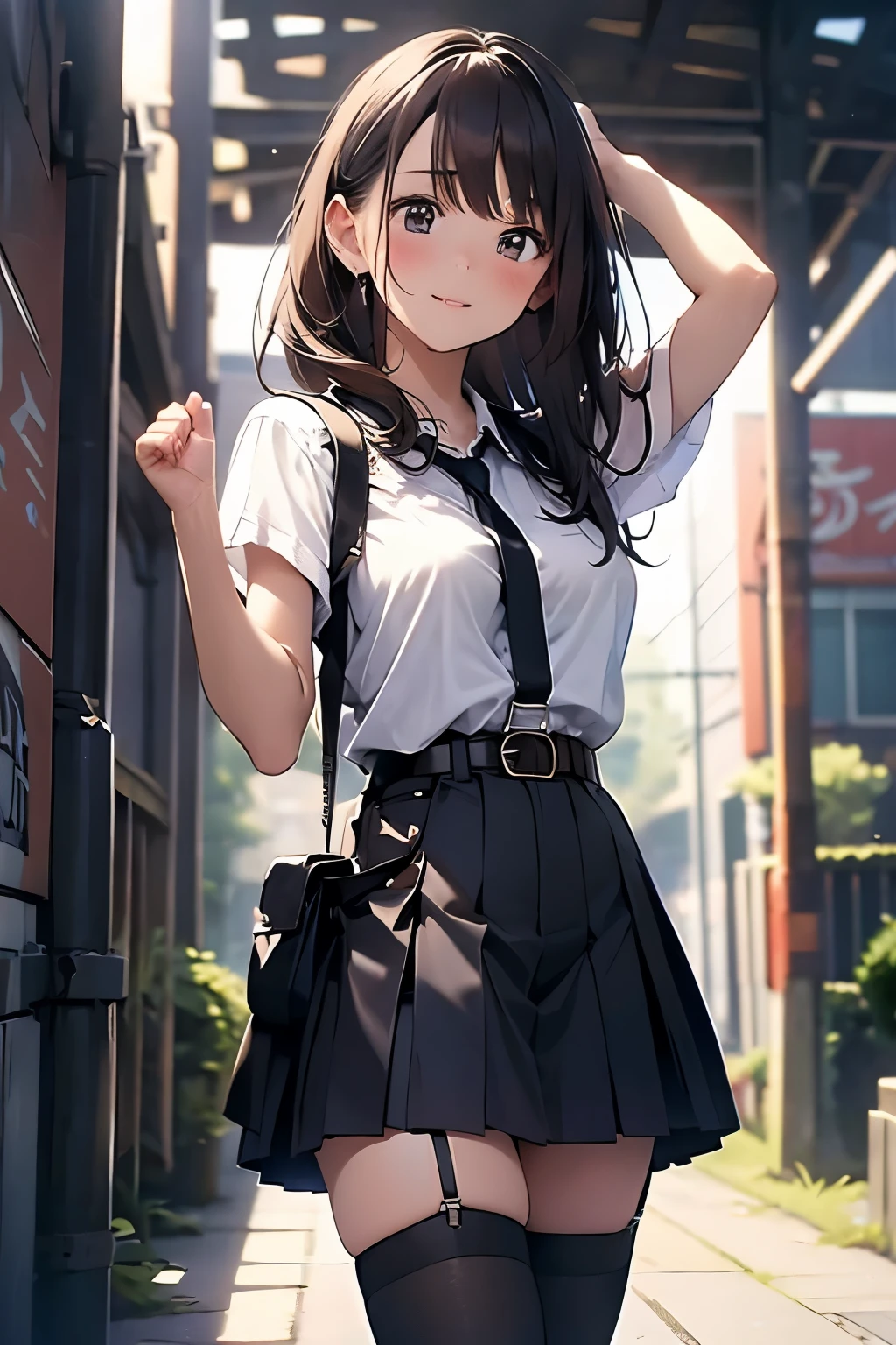 Brown hair、watching at viewers black suspenders Bulging big breasts walls: Black miniskirt garters Gaze Small face bangss holster Beautuful Women hands up レッグholster ベッドに横たわる Gaze 黒いブーツ Panchira provocation soio arm In the car Fold your hands behind your back belt dark face Panchira