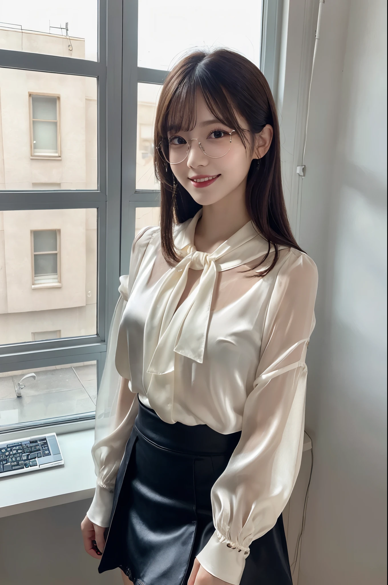 ulzzang -6500-v1.1, (Raw photo:1.2), (Photorealsitic), (See-through:1.3), (Real:1.4), ((FULL BODYSHOT:1.6)), １Girl in glasses、22year old、game_nffsw,  Black glasses(eye detailed), (Very affectionate smile:1.2)、I keep my hair up and short、 (Wearing a silk blouse:1.3), (Ultra-realistic pantyhose:1.2), (flered skirt:1.2), sitting in the office and working at the desk、make - up、huge filesize, hight resolution, ighly detailed, top-quality, [​masterpiece:1.6], illustratio, ighly detailed, nffsw, finely detail, top-quality, 8k wallpaper, Cinematographic lighting, cute droopy eyes beautiful big eyes、Pieckfinger, ((masutepiece)), Best Quality, 1girl in, eye shadow, realistic skin textures、shinny skin、Exposed thighs!!! ,  Colorful, Vivid colors,