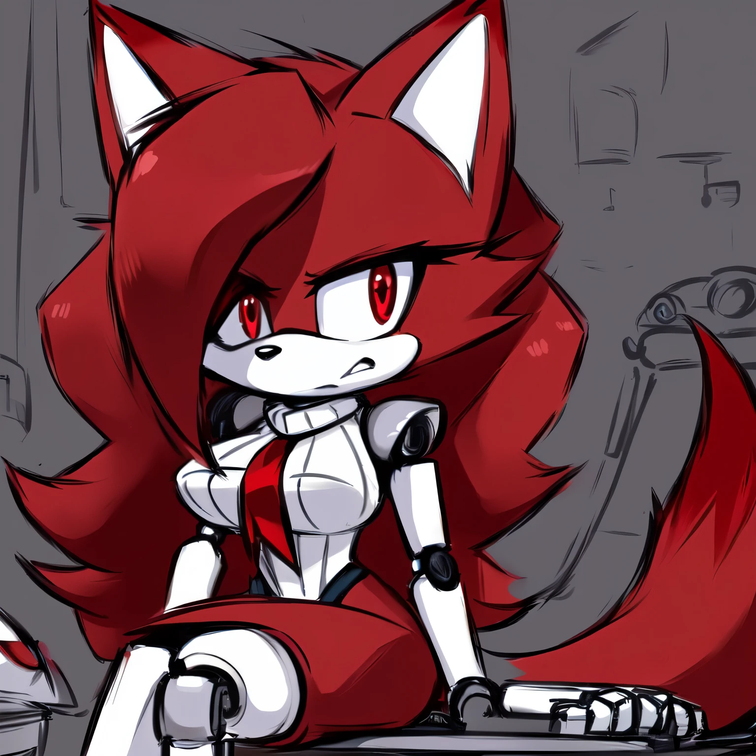 Female, Mobian, Fox, (((2D Anime Style))), (solo), (1girl), high quality digital art, red and black neon lines sketch art, black cloudy background, a dark crimson furred female anthropomorphic Fox, has glowing red eyes, (((dark crimson fur))), (((VERY long and wavy dark crimson hair))), (large and long hair bangs), wispy lines, purple turtleneck sweater dress, white pants, average sized breasts, sitting on a metal chair with each hand cuffed to an armrest, ((right robot leg)), ((left robot arm)), ((((ONLY right eye is robotic)))), (((mechanical machinery surrounding fox))), (((mechanical arms slowly changing fox to a robot))), (panicked expression)