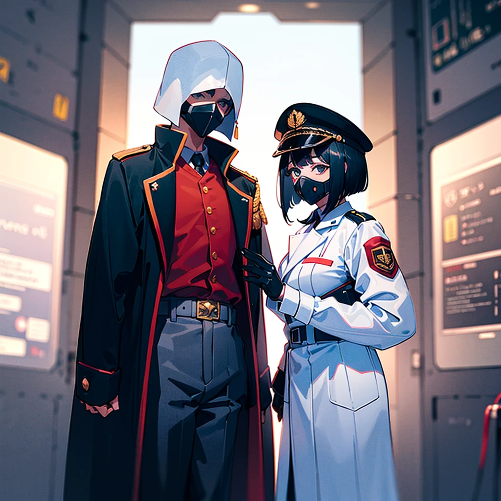 (((masterpiece)))、(((Top image quality)))、(((top-quality)))、(Illustration of one woman)、30-years old、(Viceroy)、Black hair bob cut、((Face covering gas mask))、Gray eyes、Sanpaku eyes、((Tall))、((huge tit))、((Military uniforms))、((Military Cap))、((Military coat))、(white clothes)、(White pants)、(White cap)、trench coat、((Inside the spaceship))