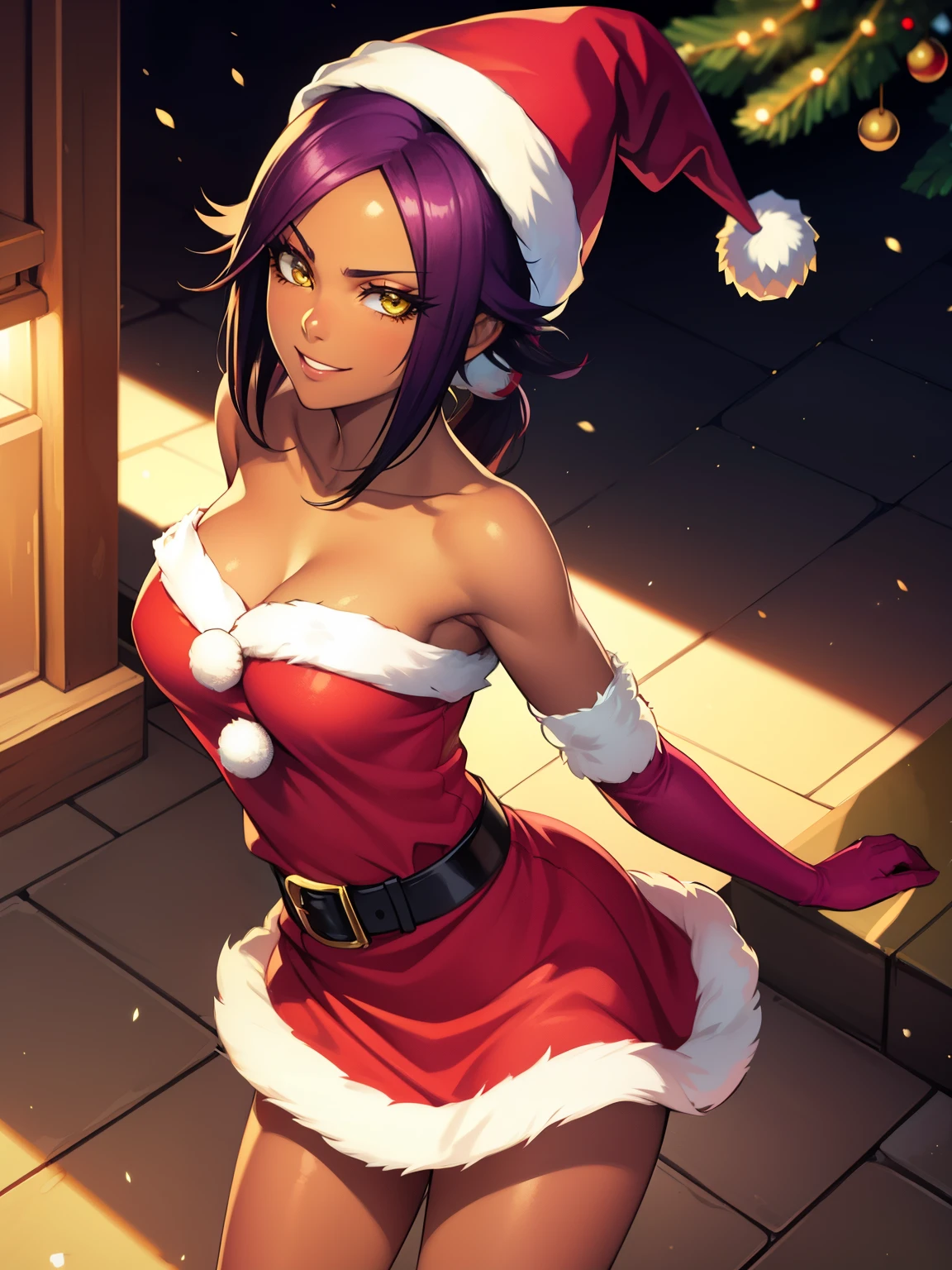 1girl, solo, masterpiece, best quality, high res, highly detailed, (illustration), beautiful detailed eyes,yoruichi shihouin, long hair, (yellow eyes:1.5), ponytail, purple hair, dark skin, dark-skinned female,,glossy lips, makeup, smile, long white satin elbow gloves, cowboy shot, (santa), red santa dress, santa hat, strapless dress, full body, white elbow gloves