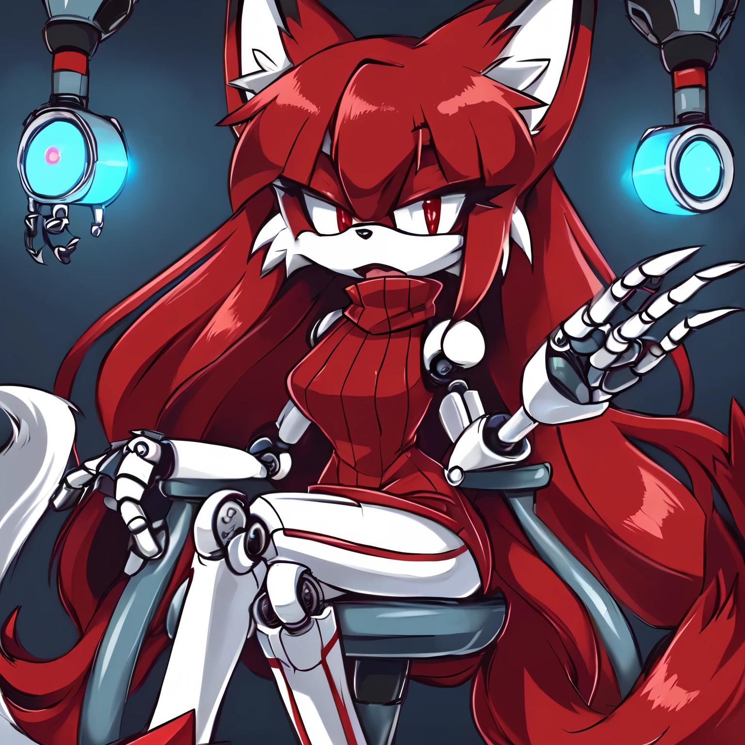 Female, Mobian, Fox, (((2D Anime Style))), (solo), (1girl), high quality digital art, red and black neon lines sketch art, black cloudy background, a dark crimson furred female anthropomorphic Fox, has glowing red eyes, (((dark crimson fur))), (((VERY long and wavy dark crimson hair))), (large and long hair bangs), wispy lines, purple turtleneck sweater dress, white pants, average sized breasts, sitting on a metal chair with each hand cuffed to an armrest, ((right robot leg)), ((left robot arm)), (((robotic right eye))), (((mechanical machinery surrounding fox))), (((mechanical arms slowly changing fox to a robot))), (frightened and scared expression)