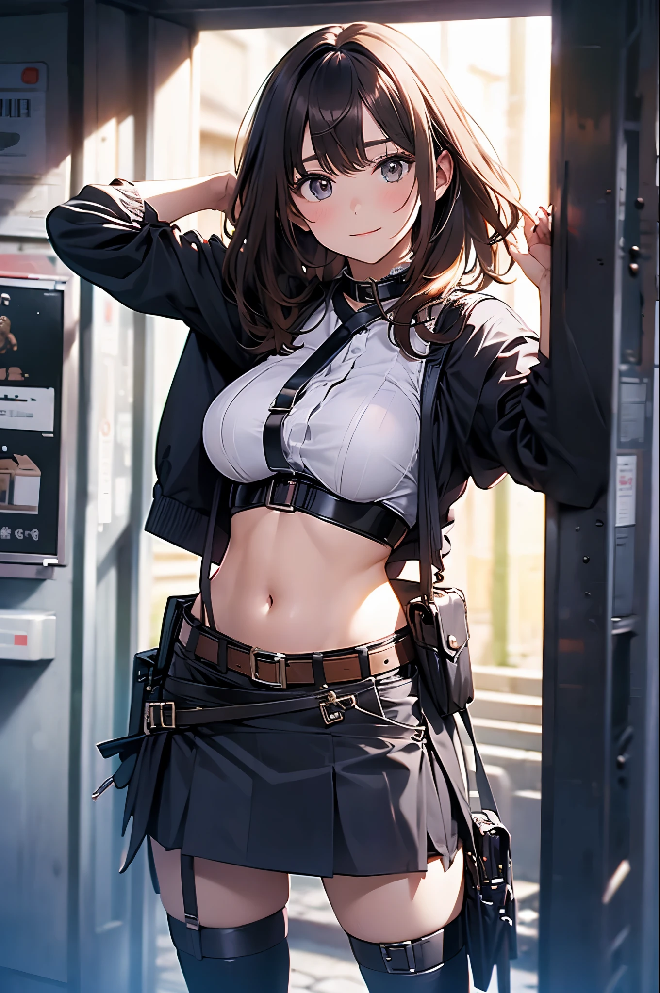 Brown hair、watching at viewers　　　black suspenders　　　Bulging big breasts　　 　 　　　walls: 　Black miniskirt　garters　　　　　　Gaze　　　Small face　bangss 　　　holster　　　Beautuful Women　　hands up　　レッグholster ベッドに横たわる　　Gaze 　黒いブーツ Panchira　provocation　　soio 　arm　In the car　Fold your hands behind your back　belt dark face　Panchira