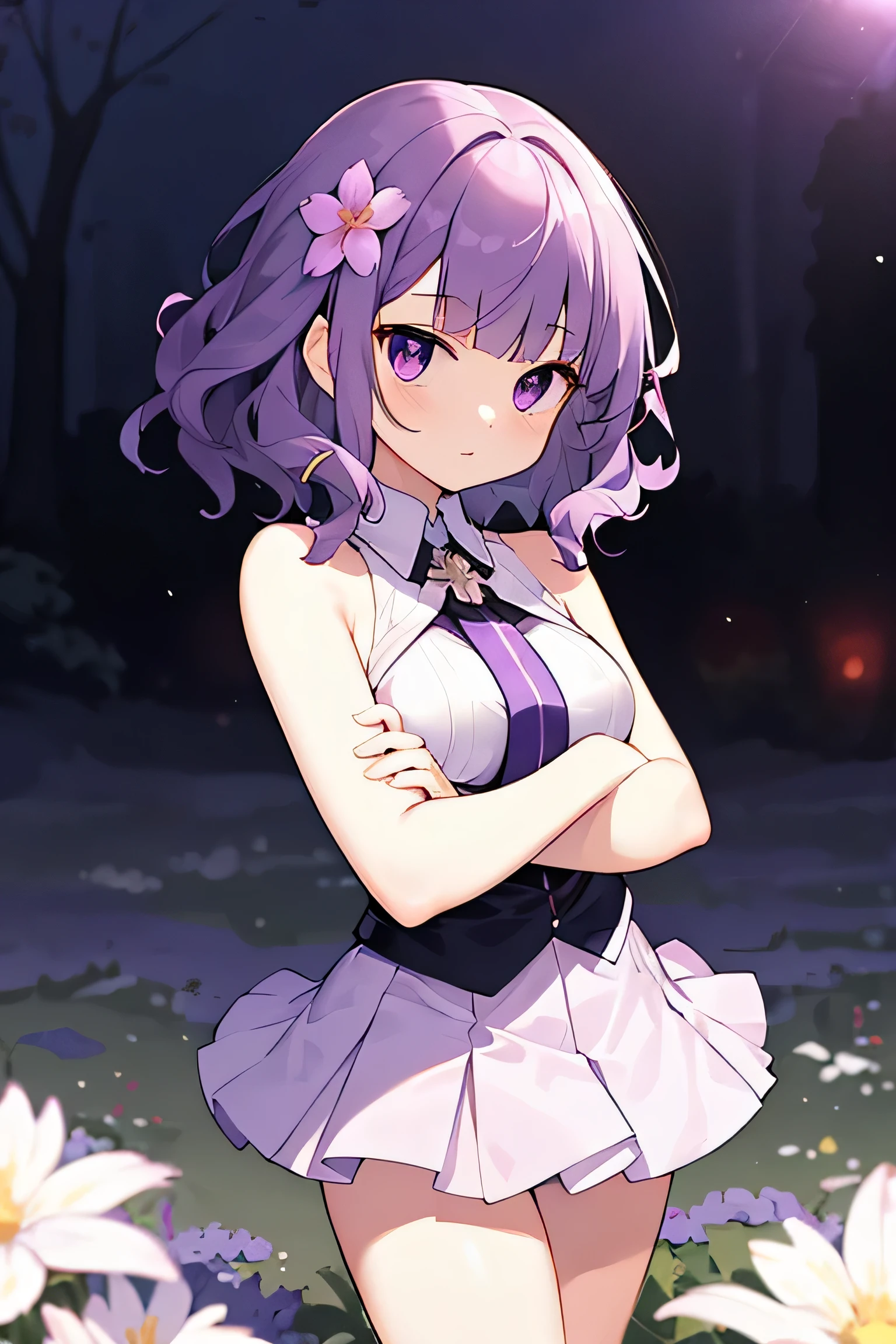 masterpiece, best quality, cute, medium hair, [Purple| blonde] hair, [purple| pink] eyes, wavy hair, blunt bangs, medium breasts, short skirt, bare shoulders, flower, crossed arms, depth of field, field,
