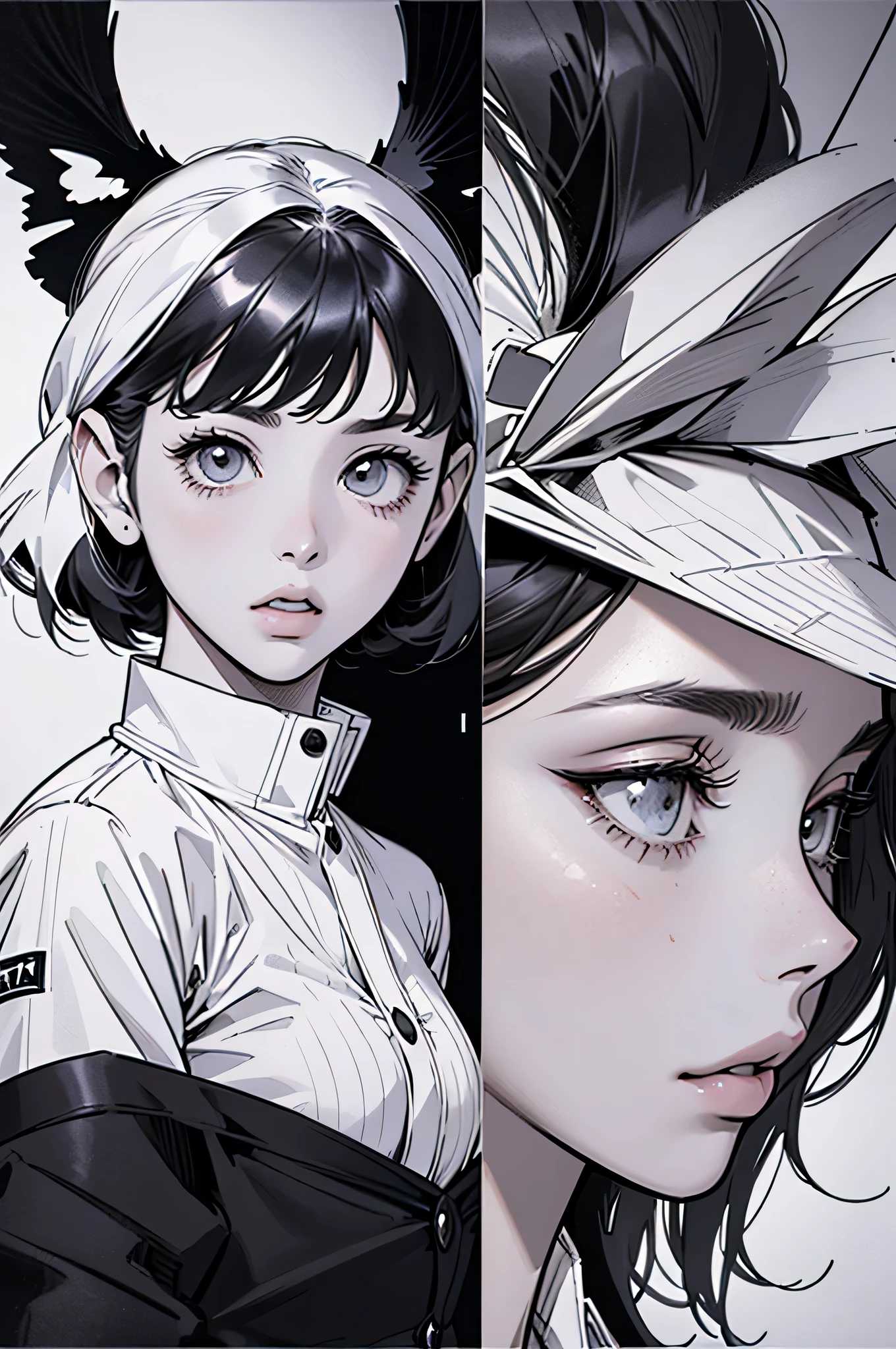 line-drawing, comic strip, monochromes, illustratio, 1girl in, masutepiece, Best Quality, Super Detail