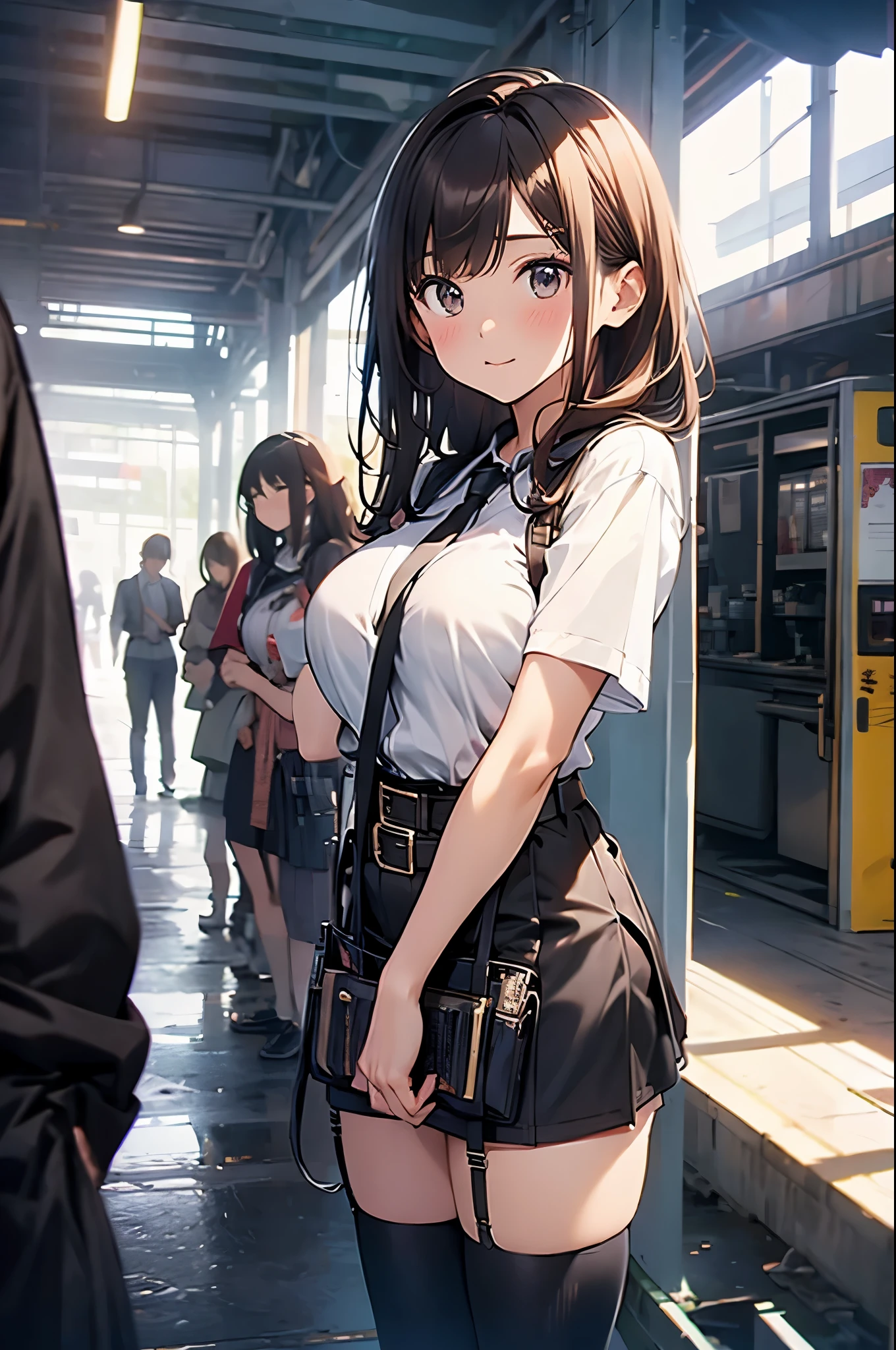 Brown hair、watching at viewers　　　black suspenders　　　Bulging big breasts　　 　 　　　walls: 　Black miniskirt　garters　　　　　　Gaze　　　Small face　bangss 　　　holster　　　Beautuful Women　　hands up　　レッグholster ベッドに横たわる　　Gaze 　黒いブーツ Panchira　provocation　　soio 　arm　In the car　Fold your hands behind your back　belt dark face　Panchira