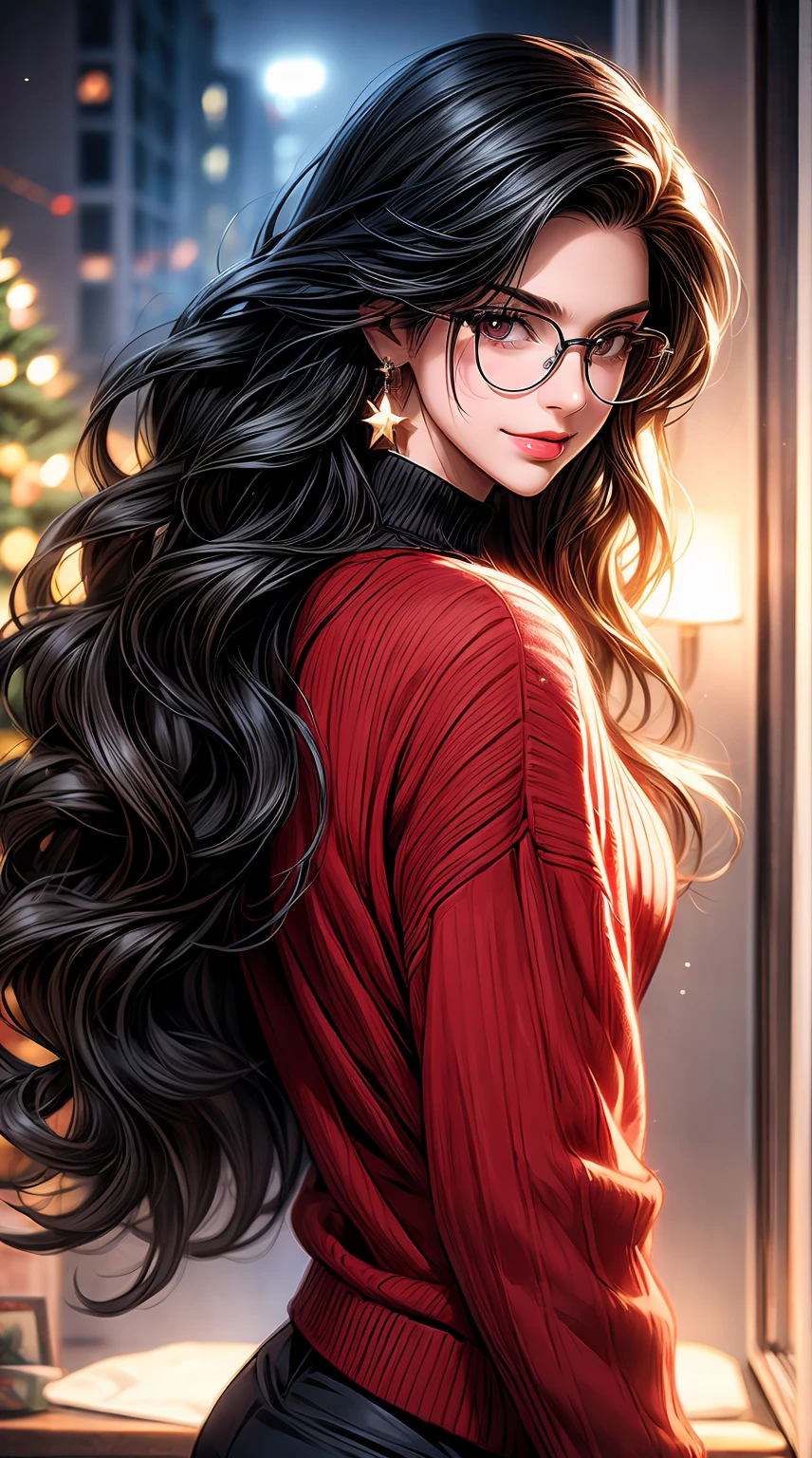 full view traditional illustration detailed, two characters, first: Clark Kent (muscular, black hair, s-curl, glasses, blue sweater) second: and Diana Prince Wonder Woman (long black wavy hair, body positive, small star stud earrings red oversized sweater), lounging together, Christmas tree decorations, rise apartment. he is looking back at Diana with a smile. wholesome, kiss on the neck, lips touching softly shiny tongue digital art