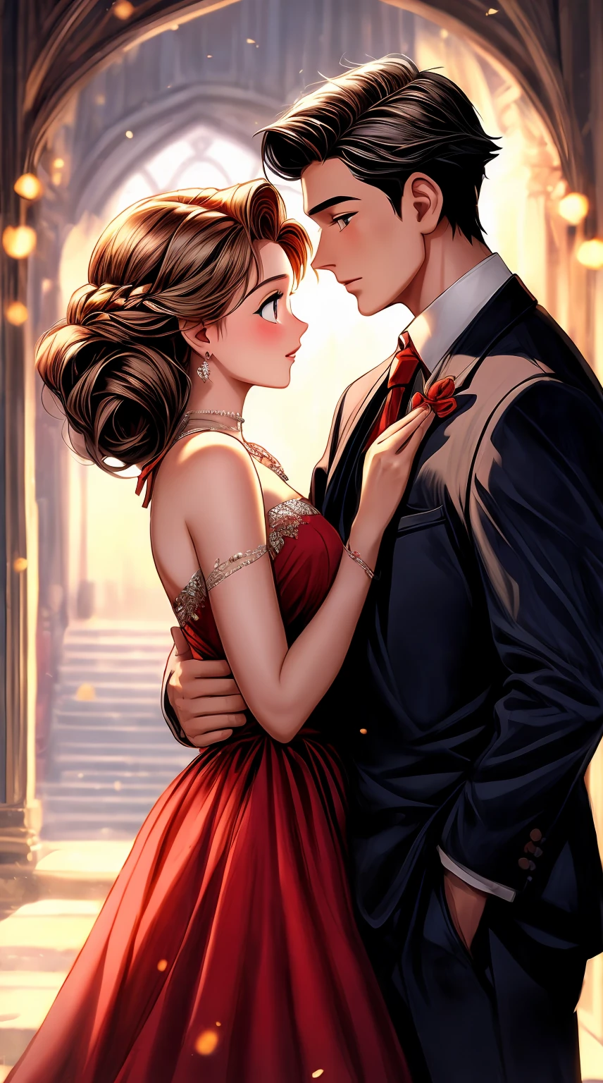 a close up of a man and a woman in a red dress, tangled, animated film, animated movie, in style of disney animation, disney style, disney movie, disney art style, art in the style of disney, animated movie scene, animated movie still, full resolution, animation film, background focus, disney character style, photorealistic disney, frozen ii klaus film