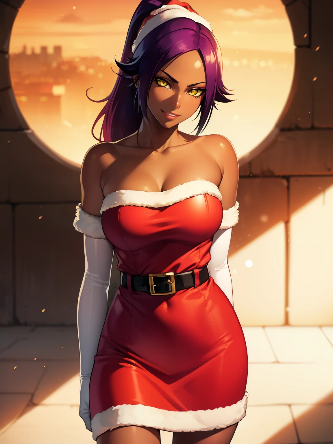 1girl, solo, masterpiece, best quality, high res, highly detailed, (illustration), beautiful detailed eyes,yoruichi shihouin, long hair, (yellow eyes:1.5), ponytail, purple hair, dark skin, dark-skinned female,,glossy lips, makeup, smile, long white satin elbow gloves, cowboy shot, (santa), red santa dress, santa hat, strapless dress, full body, white elbow gloves