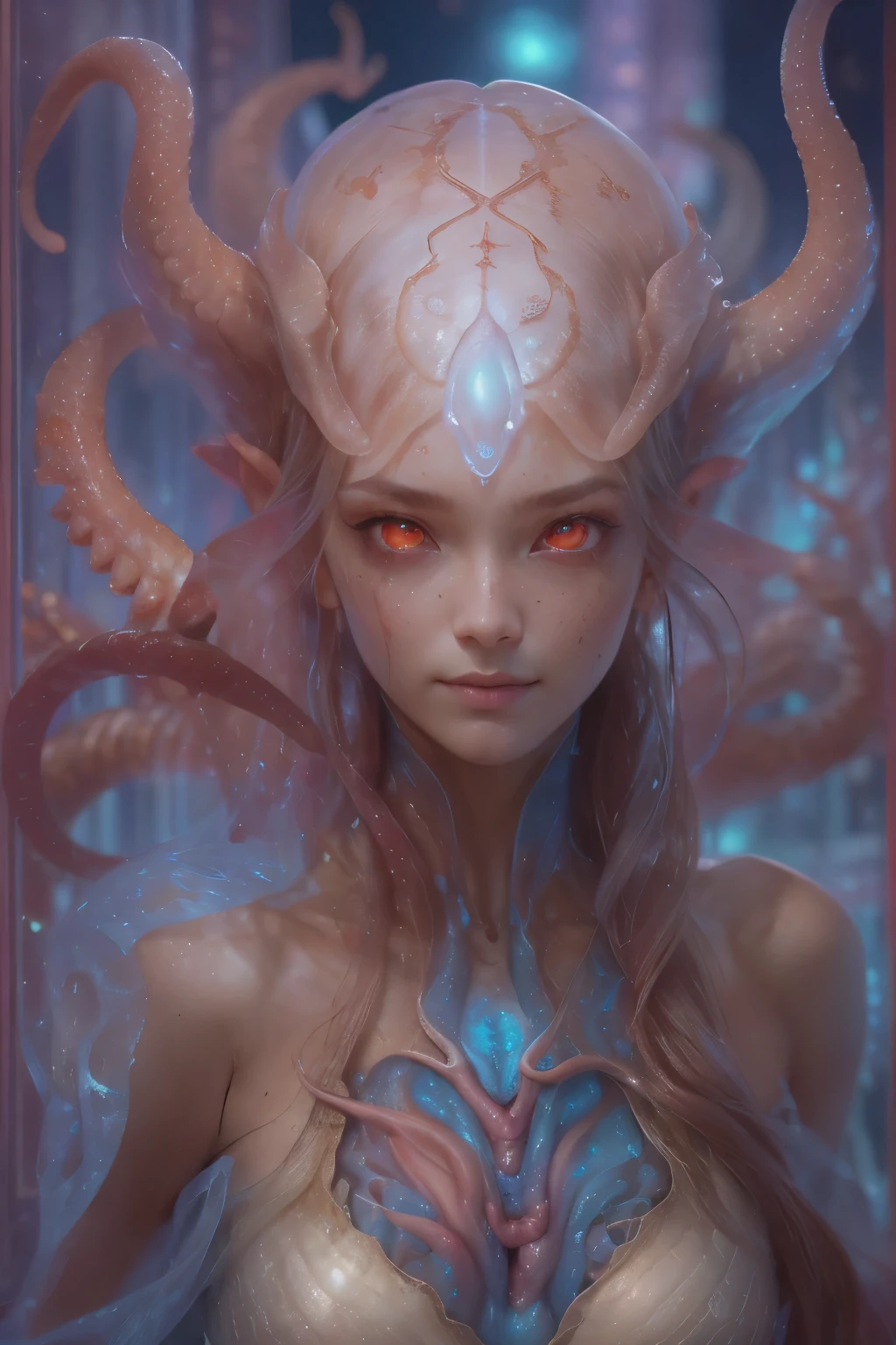 Portrait, (beautiful female alien:1.2), (There is a female genital-like organ in the middle of the forehead:1.8), (The most beautiful face in the history of the universe:1.2), (scarlet eyes:1.6), (Translucent skin:1.8), an evil gaze that seduces , (red eyes:1.5), Full body like, (sexypose:1.5), alien, No humans, cells are fused, (Lots of translucent tentacles:1.1) (Translucent skin:1.3), extraterrestrial, cell, bio image, 魅惑的, Best Quality, 8K,4K_quality, high definition, Dramatic Lighting, masutepiece:1.5,cinematic quality, detail up, (Intricate details:1.2), high resolution, High Definition, drawing faithfully, (Thick eyebrows:1.2), Beautiful eyes with fine symmetry, (Ultra detailed eyes:1.2),(Highly detailed face and eyes:1.2), (High-resolution red-eye:1.4), Intimate face, (Super detailed skin quality feeling:1.4), Perfect Anatomy, (Beautiful toned body:1.5), (Moist skin:1.2), No makeup, (dark circles:1.1), long canines, cinematic drawing of characters, ultra high quality model, cinematic quality, detail up, (Intricate details:1.2), high resolution, High Definition, drawing faithfully, Official art, Unity 8K wall , 8K Portrait, Best Quality, Very high resolution, ultra detailed artistic photography, midnight aura, unreal engine 5, Ultra Sharp Focus, art by alberto seveso, ArtGerm, Roisch, intricate artwork, Medusa, best quality, masterpiece, ultra high resolution, (photos realistic:1.4), Ultra-realistic realism, dream-like, nautilus, Creation of fantasy, Snail, Dream Snail, biopunk nautilus, thrilling color schemes, Ultra-realistic realism, seductively smiling, blue tentacles