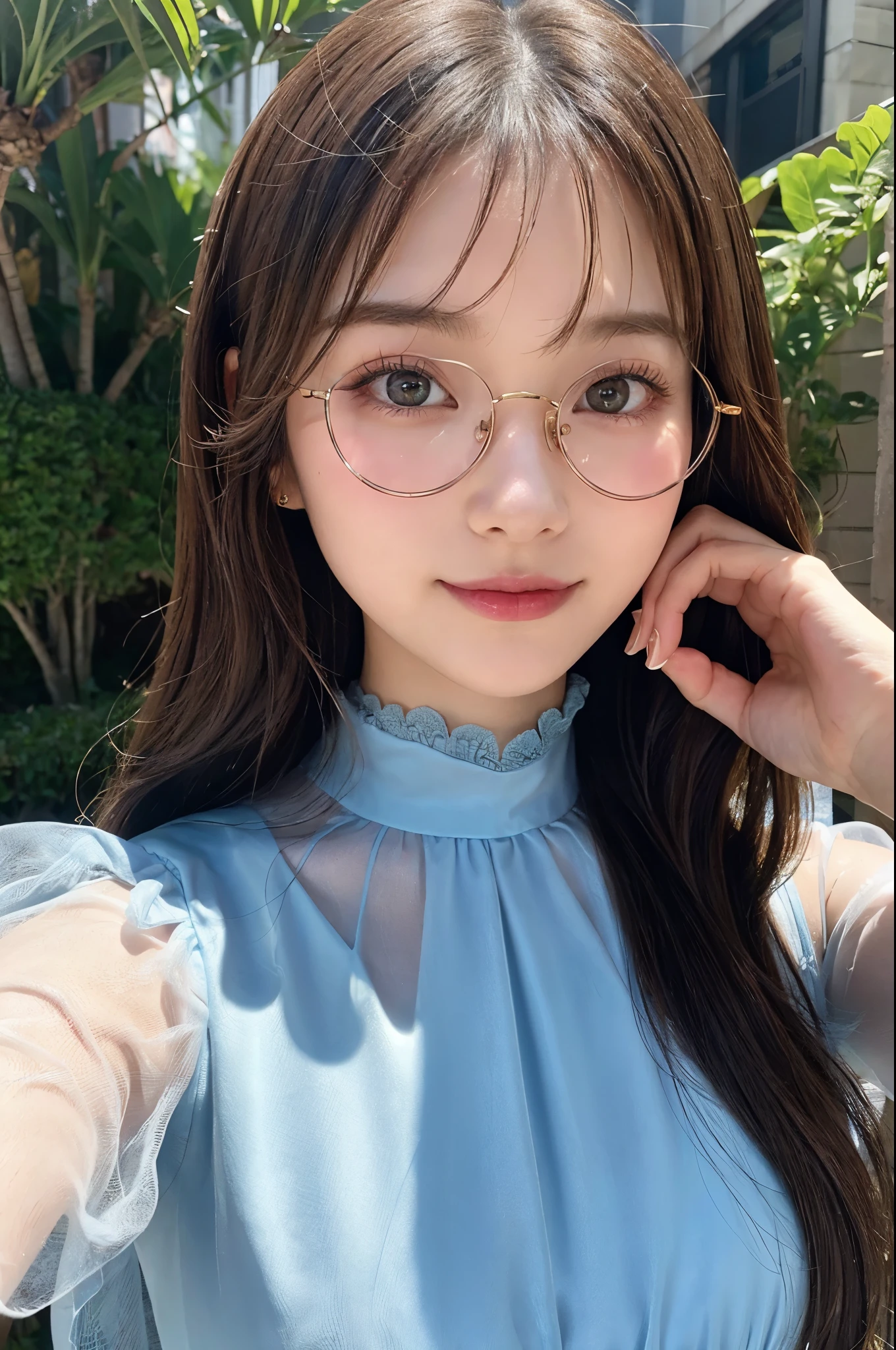 ulzzang -6500-v1.1, (Raw photo:1.2), (Photorealsitic), (See-through:1.3), (Real:1.4), １Girl in glasses、22year old、game_nffsw,  Round glasses(eye detailed), Smile of shame、(elegant long dress:1.3),  (Ultra-realistic pantyhose:1.2),  Turn around at the party venue、huge filesize, hight resolution, ighly detailed, top-quality, [​masterpiece:1.6], illustratio, ighly detailed, nffsw, finely detail, top-quality, 8k wallpaper, Cinematographic lighting, cute droopy eyes beautiful big eyes、Pieckfinger, ((masutepiece)), Best Quality, 1girl in, eye shadow, realistic skin textures、shinny skin、Exposed thighs!!! , make - up、