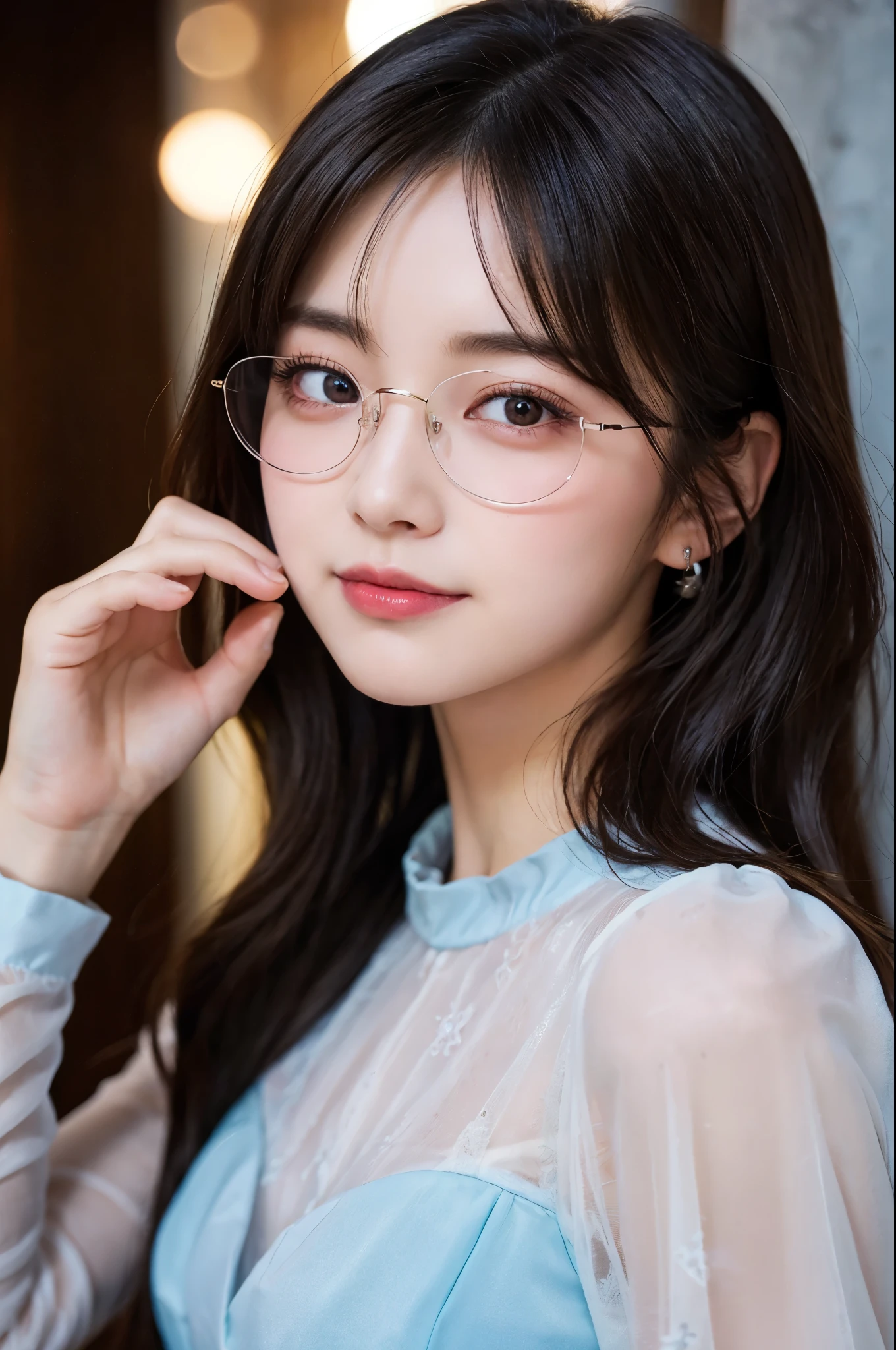 ulzzang -6500-v1.1, (Raw photo:1.2), (Photorealsitic), (See-through:1.3), (Real:1.4), １Girl in glasses、22year old、game_nffsw,  Round glasses(eye detailed), Smile of shame、(elegant long dress:1.3),  (Ultra-realistic pantyhose:1.2),  Turn around at the party venue、huge filesize, hight resolution, ighly detailed, top-quality, [​masterpiece:1.6], illustratio, ighly detailed, nffsw, finely detail, top-quality, 8k wallpaper, Cinematographic lighting, cute droopy eyes beautiful big eyes、Pieckfinger, ((masutepiece)), Best Quality, 1girl in, eye shadow, realistic skin textures、shinny skin、Exposed thighs!!! , make - up、