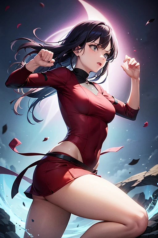 Obra maestra, La mejor calidad, high resolusion, 1girl, Yaoyorozu Momo, cabello negro, Cola de caballo, Pelos, ojos negros, senos grandes, Pechos enormes, cuerpo muy sexy, Leotardo rojo, Recorte de ombligo, Brazos desnudos, piernas desnudas, muslos anchos, Agitando, They are smiling, Disparo de vaquero, erotismo, vapor, sexo, el sudor
