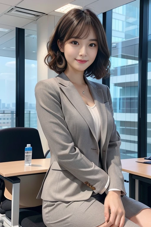（1girll:1.2），(8K, Best Quality, tmasterpiece), (Realistic, Photorealsitic:1.37), ultra - detailed, adolable, 独奏, 可adolable日本人女性,brown haired,By bangs, Curly, Hair on the shoulders, beautiful and delicate eyes,The eyes tell the story of a smile，Moisturizes skin,，Stimulating，so sexy、细致背景、Gray suit、short-cut、facing front、Conference room in the background、Sitting in an office chair