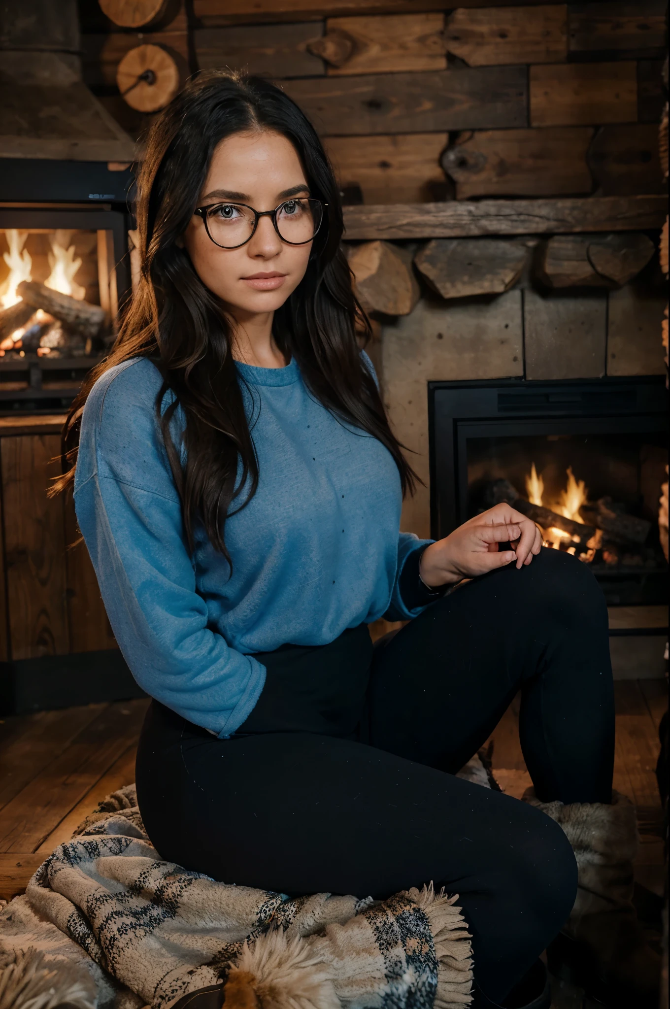 1woman, ombré black hair, beautiful blue eyes, freckled face, circle glasses, creame sweatshirt, seamless black leggings, fuzzy faux fur boots, ugg style boots, sitting on her knees, log cabin by fire place background, full body portrait, raw photo.