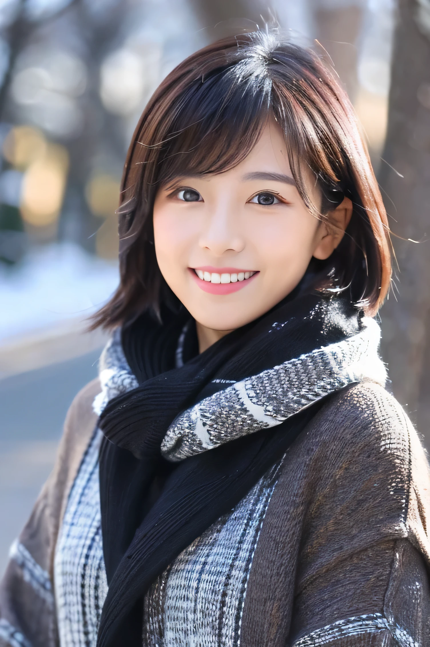 realisitic short-cut femele The upper part of the body A smile Winter clothes