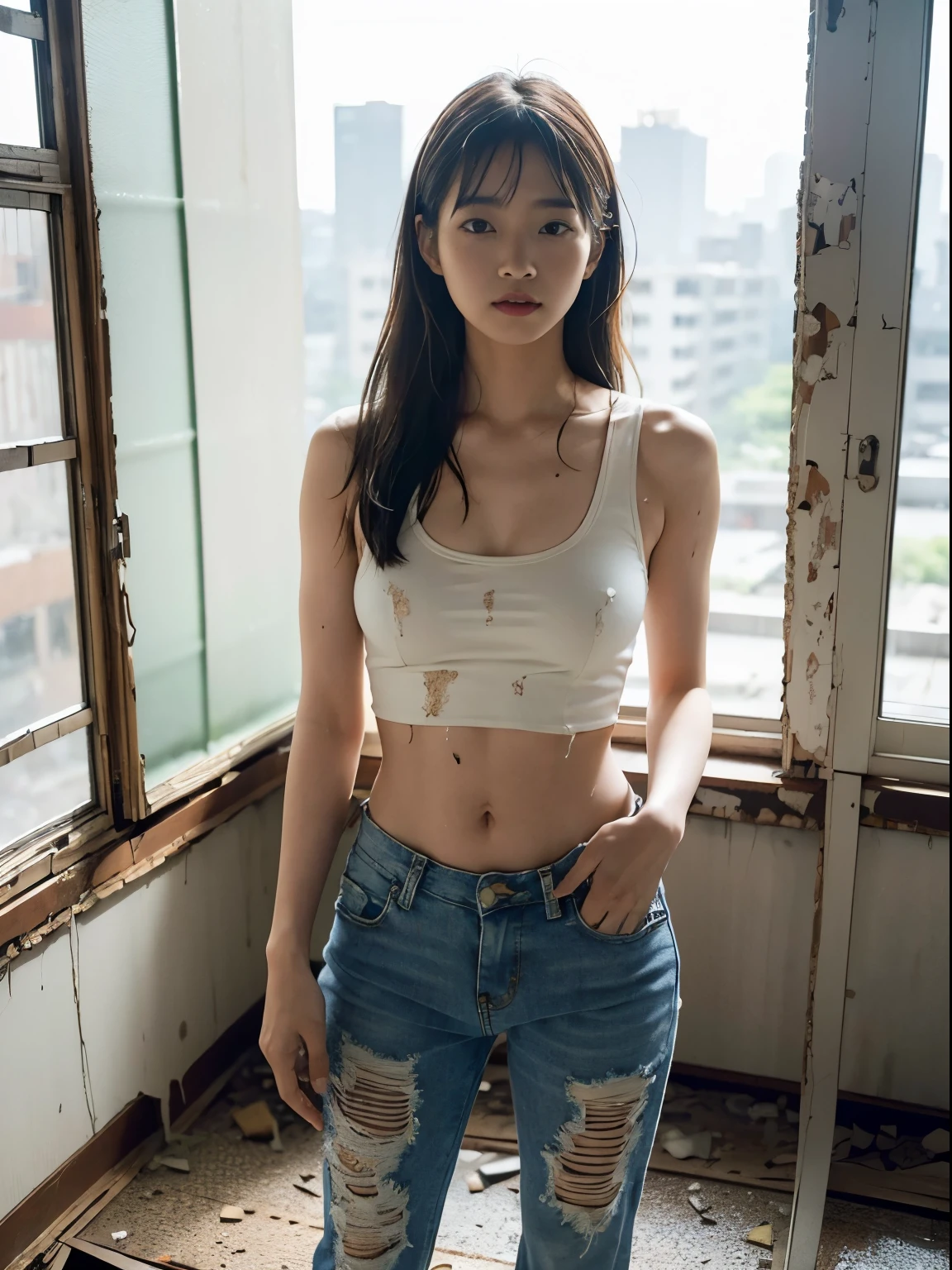 raw photo, 8k, (top-quality), Realistic, (real picture, Intricate details), (natural skin texture, detailed skin, hyper realism, sharpness), (Japanese college girl standing in an abandoned apartment building, hands in pockets), ((white tight tank top, Distressed denim pants, low rise baggy pants)), Fair skin, sweaty skin, ((shiny long hair, center parted hairstyle)), (seductive face, Parted lips), navel exposed, Room being demolished, dusty room, cracked wall, Messy floor, Pile of rubble:1.3, broken window, cracked Window glass, barbed wire, ashtray, Hard lighting:1.3, sunset light, Full body shot