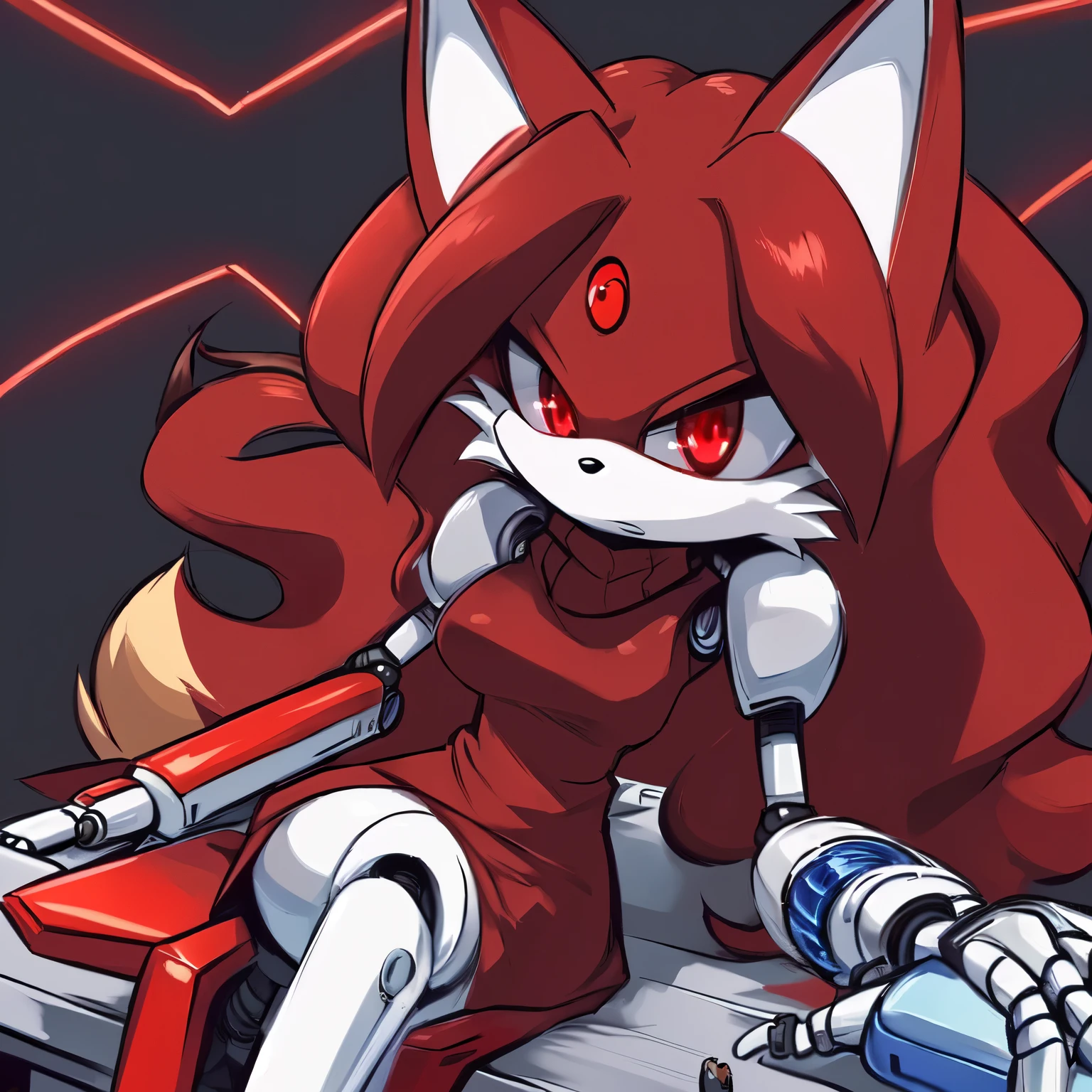 Female, Mobian, Fox, (((2D Anime Style))), (solo), (1girl), high quality digital art, red and black neon lines sketch art, black cloudy background, a dark crimson furred female anthropomorphic Fox, has glowing red eyes, (((dark crimson fur))), (((VERY long and wavy dark crimson hair))), (large and long hair bangs), wispy lines, purple turtleneck sweater dress, white pants, average sized breasts, sitting on a metal chair with each hand cuffed to an armrest, ((ONE robot leg)), ((ONE robot arm)), (((ONE robotic eye))), (((mechanical machinery surrounding fox))), (((mechanical arms slowly changing fox to a robot))), (blank expression, losing control of mind)