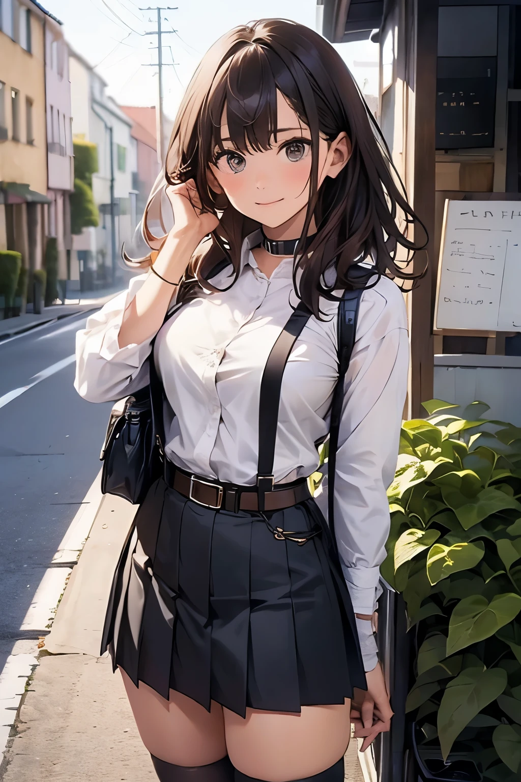 Brown hair、watching at viewers black suspenders Bulging big breasts walls: Black miniskirt garters Gaze Small face bangss holster Beautuful Women hands up レッグholster ベッドに横たわる Gaze 黒いブーツ Panchira provocation soio arm In the car Fold your hands behind your back belt dark face Panchira