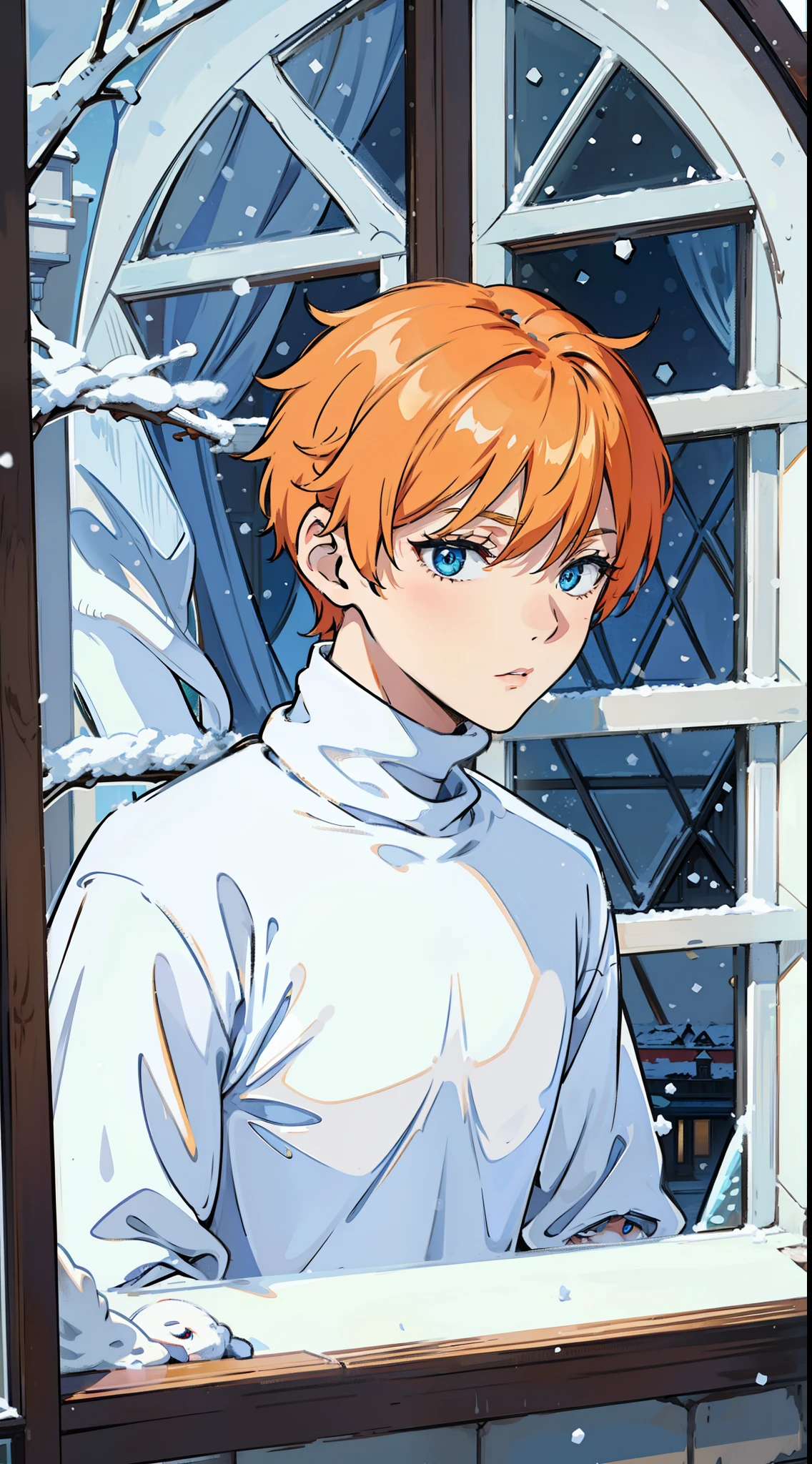 (1boy,teen,18 years old), orange hair, blue eyes,(((white sweater,turtleneck))),(((,snowing,from outside window,scornful eyes)))