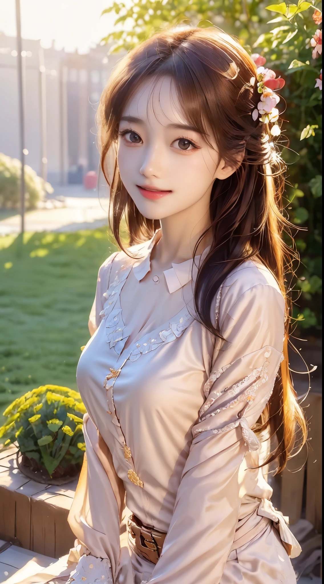 (medium breasts⁩), ((Looking at the viewer)), (Looking at the camera), (top-quality, 4K, 8K, hight resolution, ​masterpiece: 1.2), Super Detail, (a picture: 1.37), Adorable One Girl, sitting on a bench with a little munchkin, blooming flowers々A quiet garden bathed in soft sunlight, Suppin, goddess of Japan, Japanese Models, amazing goddess shots, Photorealistic face, detaileds, (Professional Lighting, Bokeh), Fashionable and trendy atmosphere, Park, ((Daytime)), (Blouse :1.5), Dress,   (Portrait:0.6), Seductive smile,  Gorgeous, Floating hair, (light Particle, Lens Flare, glowing particles:0.6), (Dynamic Pose:1.1), Soft lighting, Brown hair