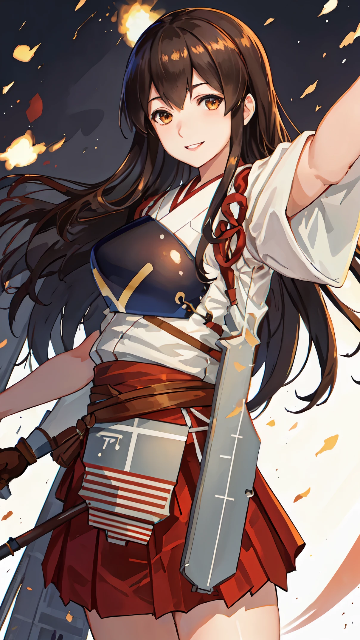 Best Quality, masutepiece, hight resolution, Solo, {akagi_Kantai Collection:1.15}, long_hair, brown_hair, brown_Eyes, muneate, tasuki, Smile, 1girl in , Japanese_Clothes, , partially_fingerless_gloves, arma, distortion, Single_hand armor, outstretched_Highly detailed arms、extremely detailed eye、extra detailed face、Insanely detailed body、Insanely detailed skin 妖艶な表情 backrooms big bust