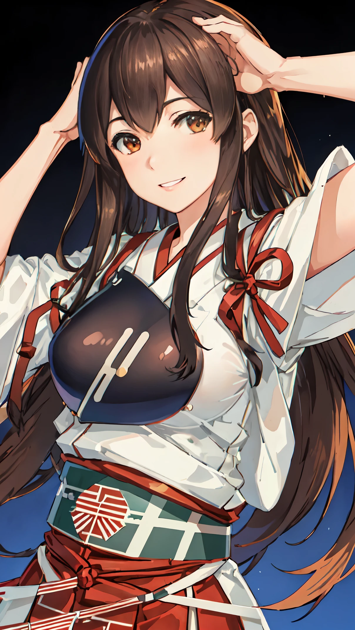 Best Quality, masutepiece, hight resolution, Solo, {akagi_Kantai Collection:1.15}, long_hair, brown_hair, brown_Eyes, muneate, tasuki, Smile, 1girl in , Japanese_Clothes, , partially_fingerless_gloves, arma, distortion, Single_hand armor, outstretched_Highly detailed arms、extremely detailed eye、extra detailed face、Insanely detailed body、Insanely detailed skin 妖艶な表情 backrooms big bust