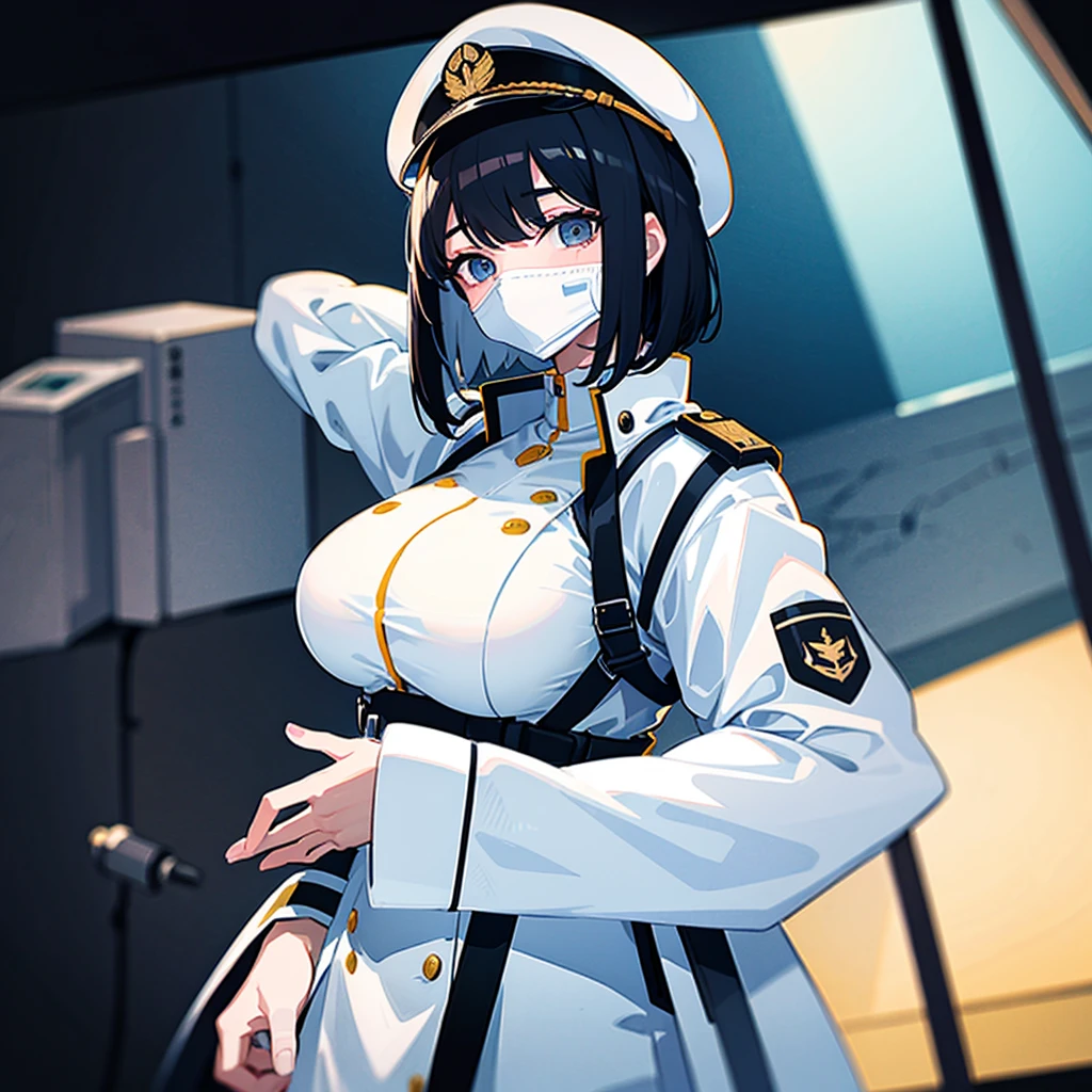 (((masterpiece)))、(((Top image quality)))、(((top-quality)))、(Illustration of one woman)、30-years old、(Viceroy)、Black hair bob cut、((Face covering gas mask))、Gray eyes、Sanpaku eyes、((Tall))、((huge tit))、((Military uniforms))、((Military Cap))、((Military coat))、(white clothes)、(White pants)、(White cap)、trench coat、((Inside the spaceship))