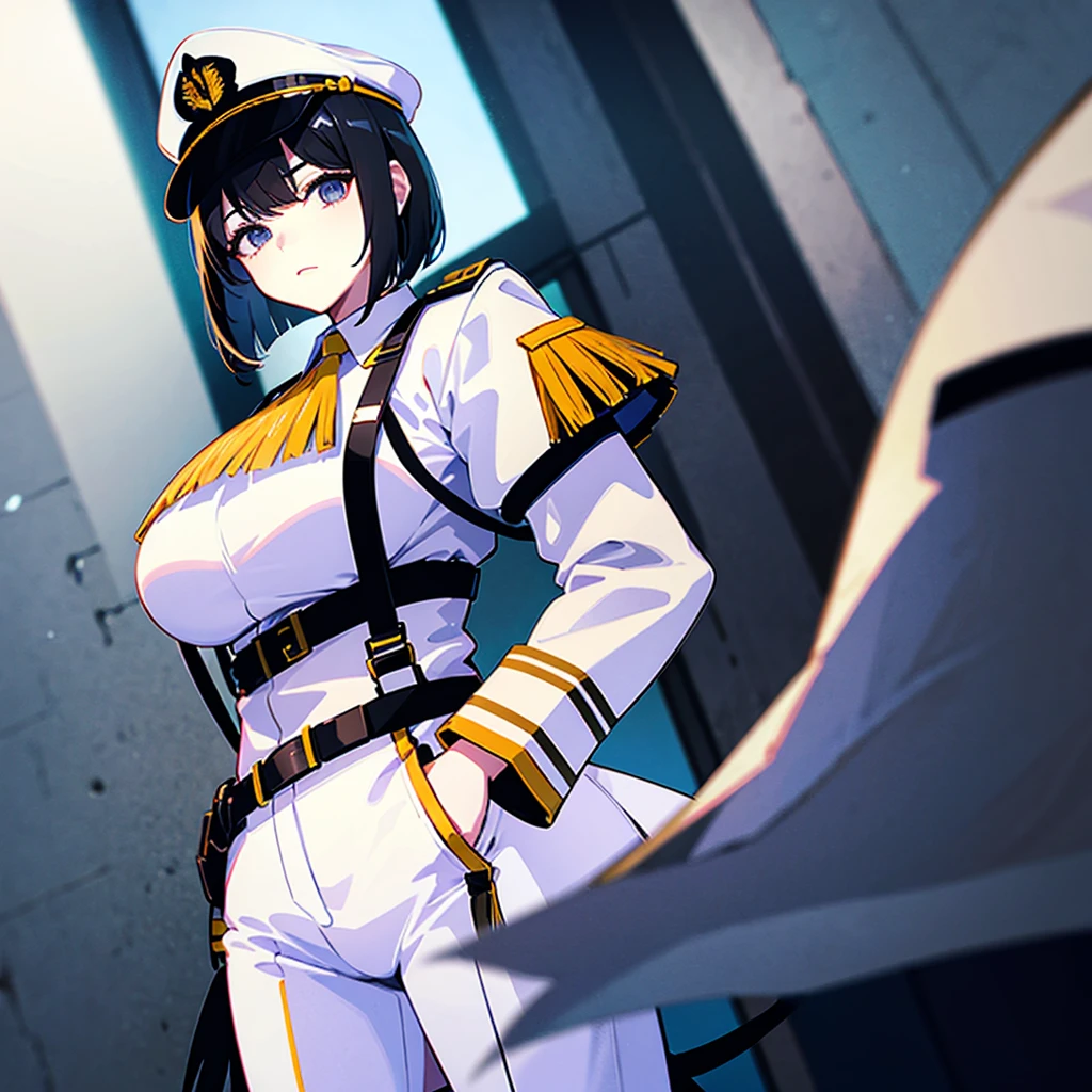 (((masterpiece)))、(((Top image quality)))、(((top-quality)))、(Illustration of one woman)、30-years old、(Viceroy)、Black hair bob cut、((Face covering gas mask))、Gray eyes、Sanpaku eyes、((Tall))、((huge tit))、((Military uniforms))、((Military Cap))、((Military coat))、(white clothes)、(White pants)、(White cap)、trench coat、((Inside the spaceship))