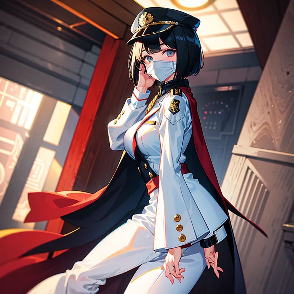 (((masterpiece)))、(((Top image quality)))、(((top-quality)))、(Illustration of one woman)、30-years old、(Viceroy)、Black hair bob cut、((Face covering gas mask))、Gray eyes、Sanpaku eyes、((Tall))、((huge tit))、((Military uniforms))、((Military Cap))、((Military coat))、(white clothes)、(White pants)、(White cap)、trench coat、((Inside the spaceship))