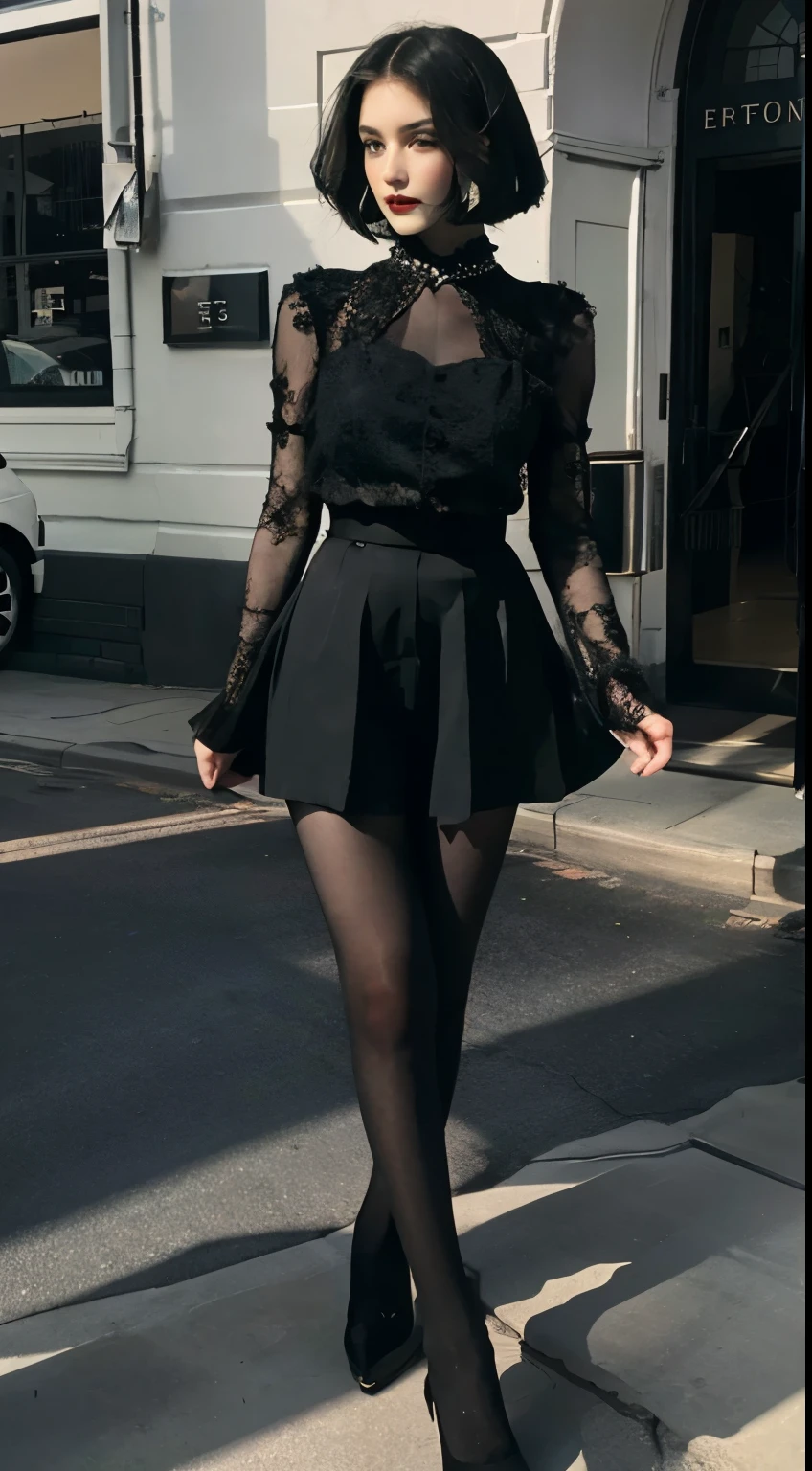 1 girl,Princess cut hairstyle,noble,Wearing a black gothic skirt,Gothic style,