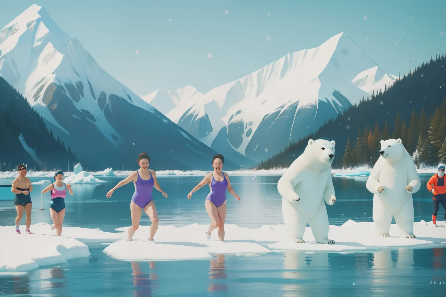 Year: 2023. Activity: Polar Bear Plunge in Vancouver, Canada.

Description: Characters, dressed in quirky swimsuits, prepare to take a daring dip in icy waters against the backdrop of snow-capped mountains. The palette combines Anderson's muted tones with the boldness of the event.