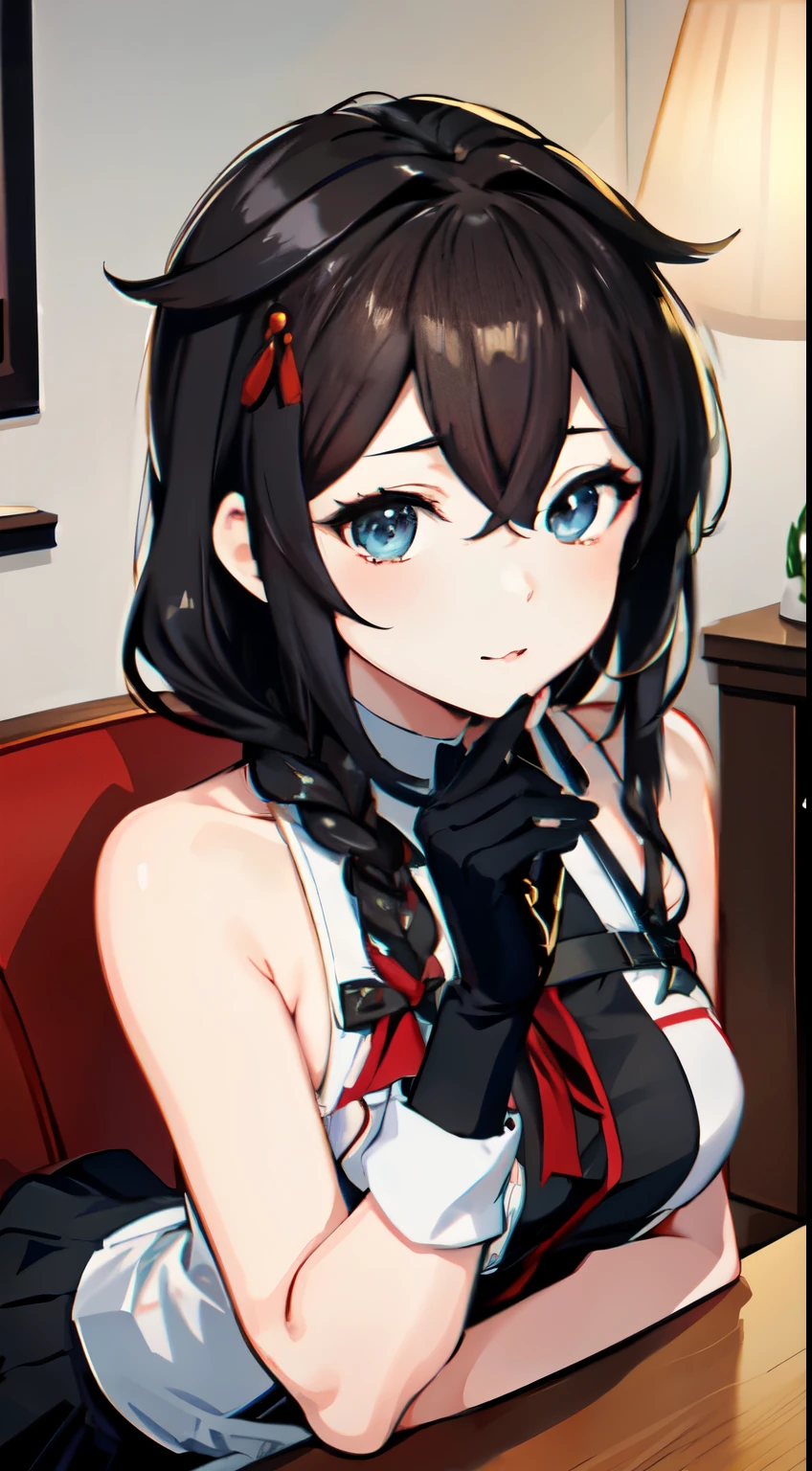 Shigure Kai 3 KanColle Sleeveless Black Thimble Gloves Black Skirt Braid 8K High Resolution Very Fine Eyes Very Fine Face、Insanely detailed body、Extremely fine skin, very elaborate hair ornament, Precisely shaped body and hands 1 person Living room in a private house Bewitching expression Thick white belt