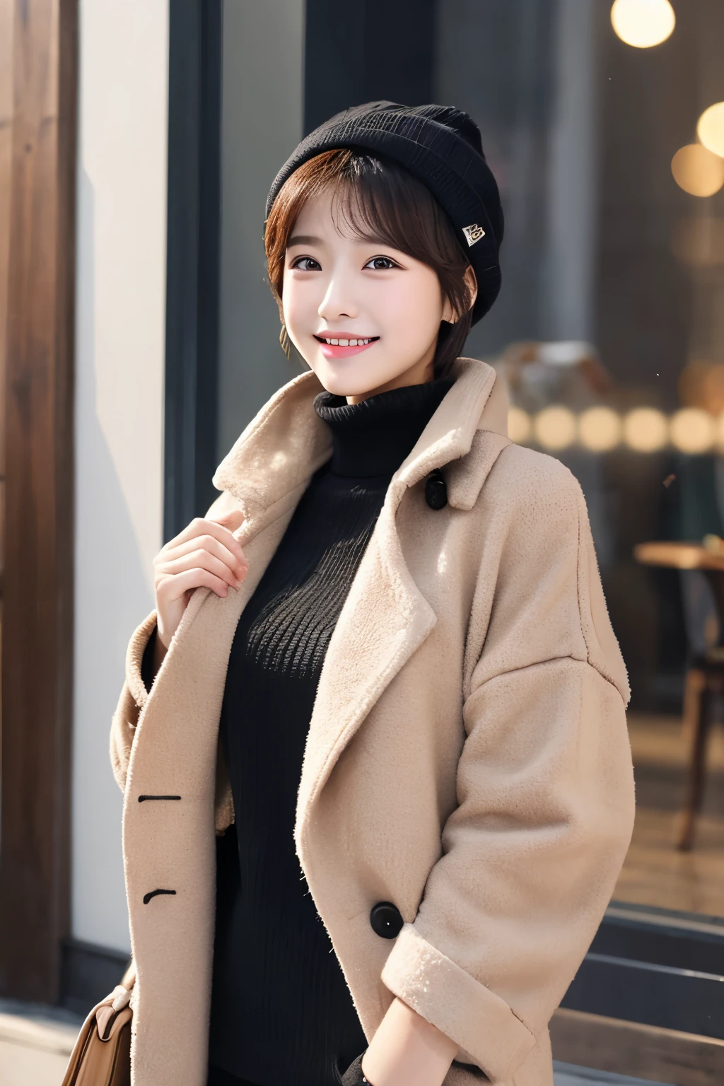 realisitic short-cut femele The upper part of the body a smile Winter clothes