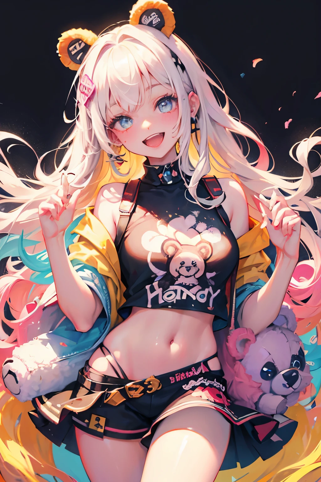 （illustratio：1.3）Teddy bear with girl smiling with open mouth,Painted with multicolored inks,Punk style,Innocent, bear ears ,Radiant,Delicate,high-level image quality,Honey is dripping